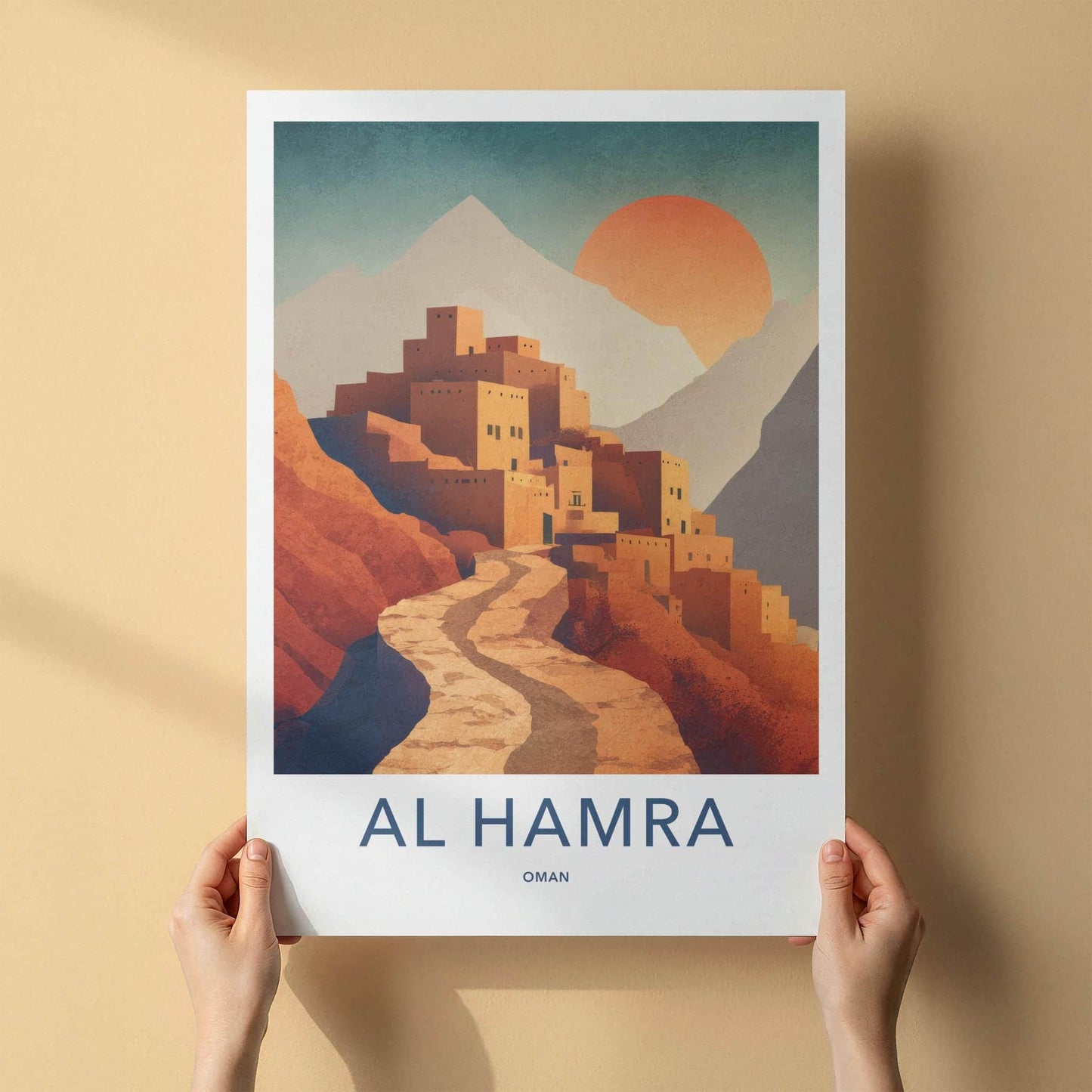 Al Hamra Poster - Oman Travel Illustration - Terraced mud village Home Decor