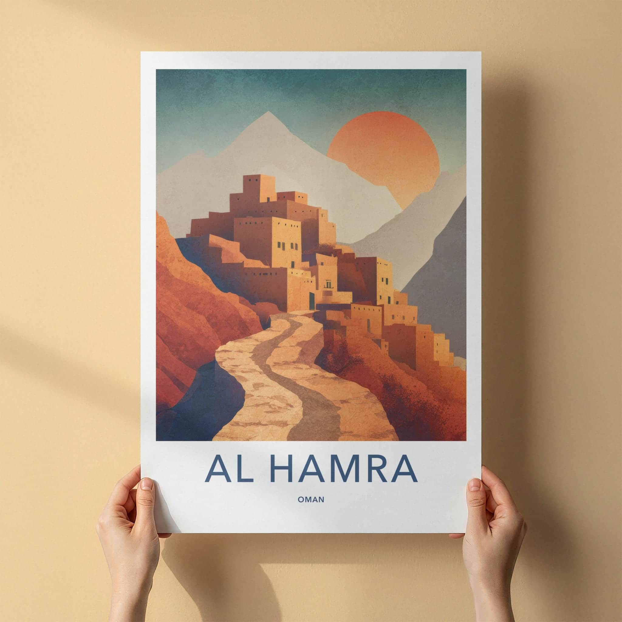 Al Hamra Poster - Oman Travel Illustration - Terraced mud village Home Decor