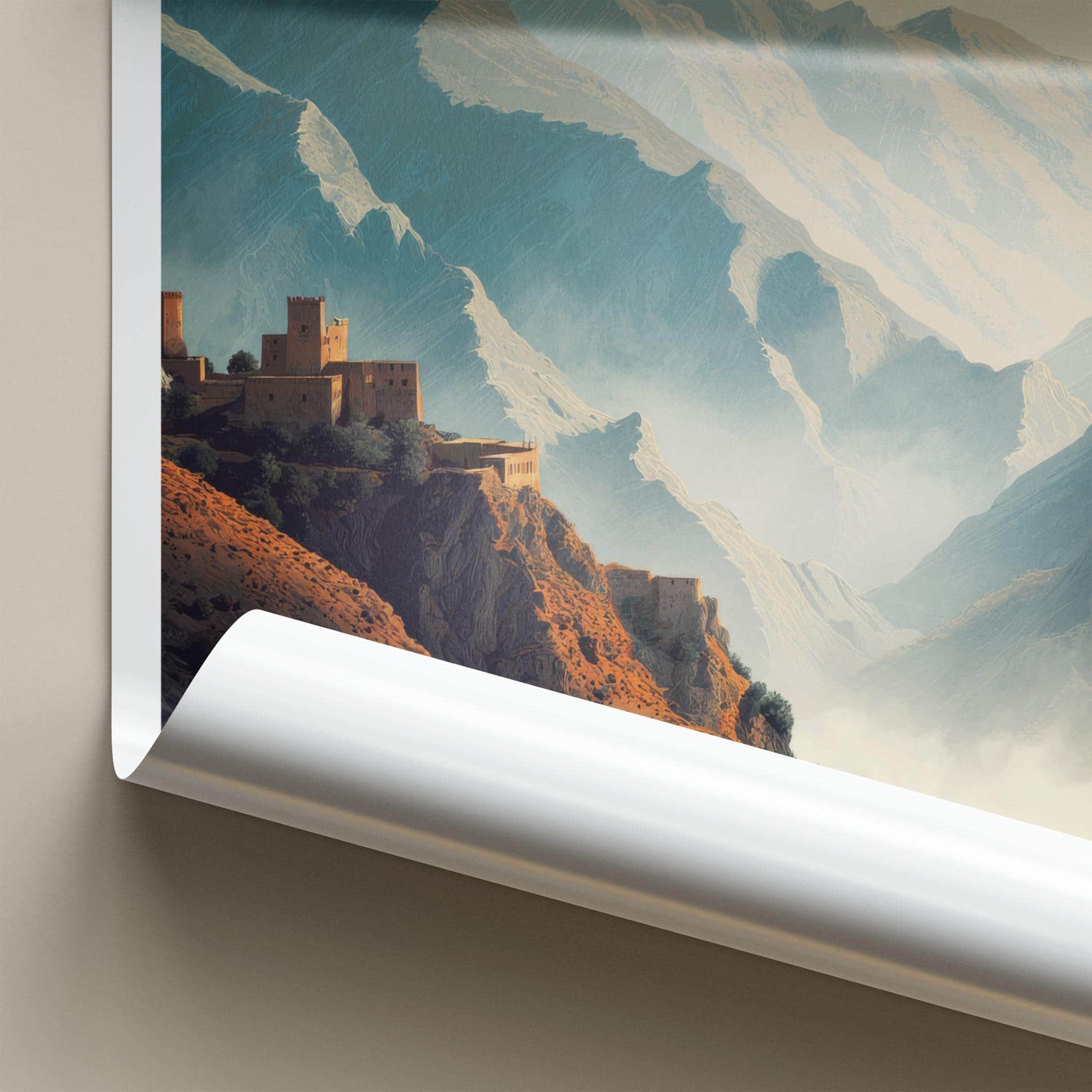 Alamut Valley Poster - Iran Travel Illustration - Cliffside fortress peaks Wall Decor