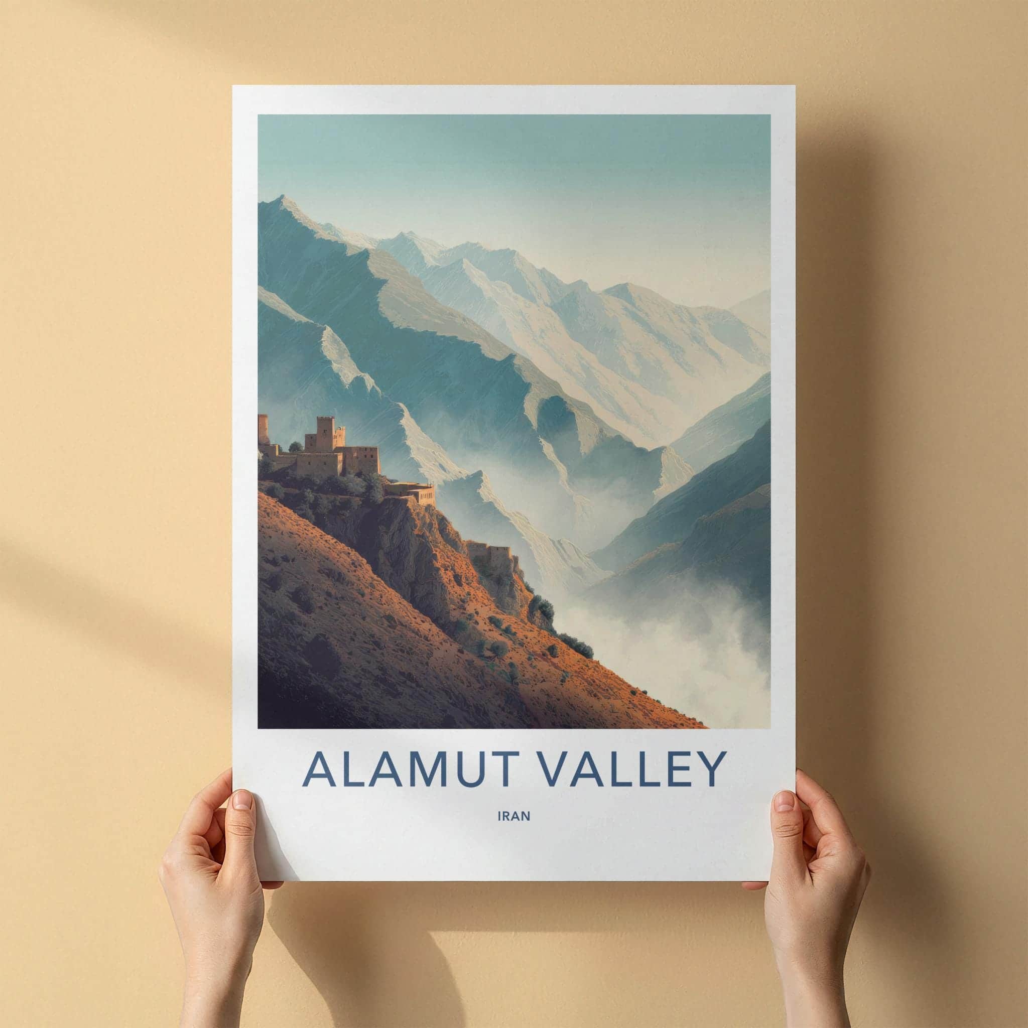 Alamut Valley Poster - Iran Travel Illustration - Cliffside fortress peaks Wall Decor