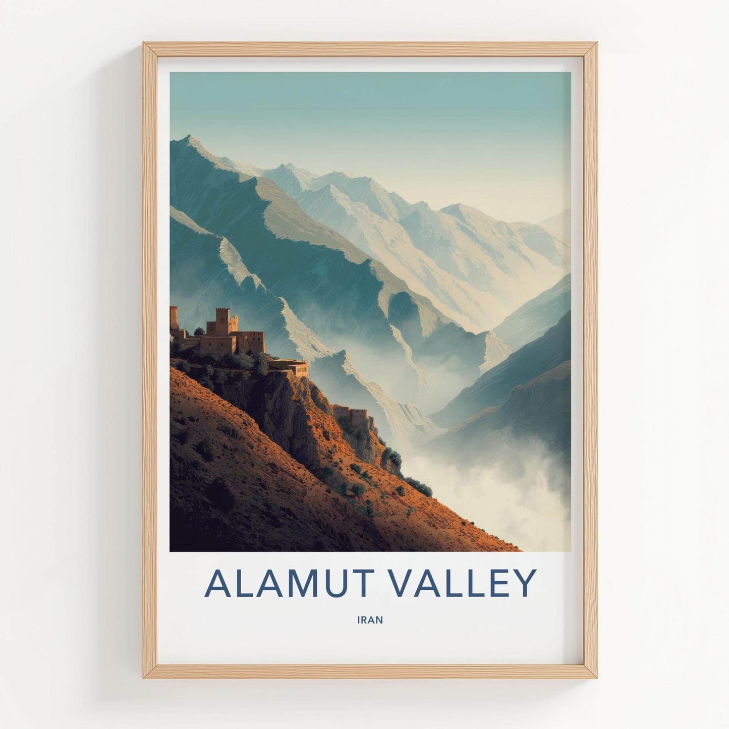 Alamut Valley Poster - Iran Travel Illustration - Cliffside fortress peaks Wall Decor