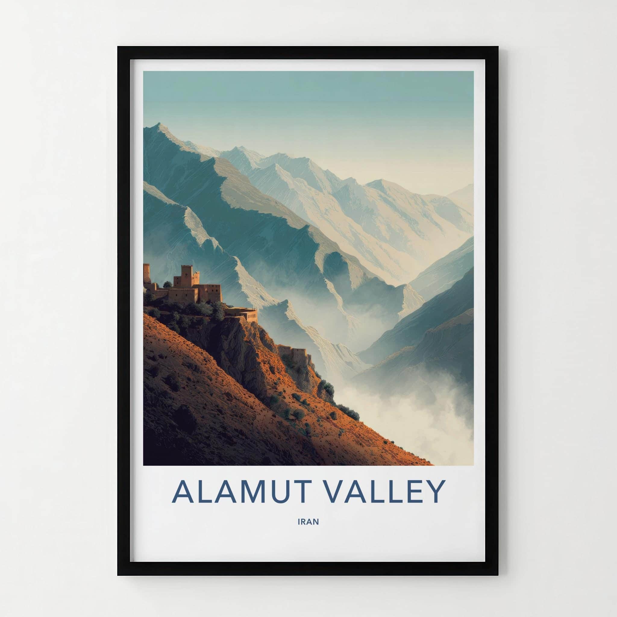 Alamut Valley Poster - Iran Travel Illustration - Cliffside fortress peaks Wall Decor