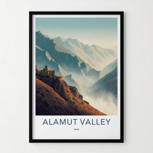 Alamut Valley Poster - Iran Travel Illustration - Cliffside fortress peaks Wall Decor
