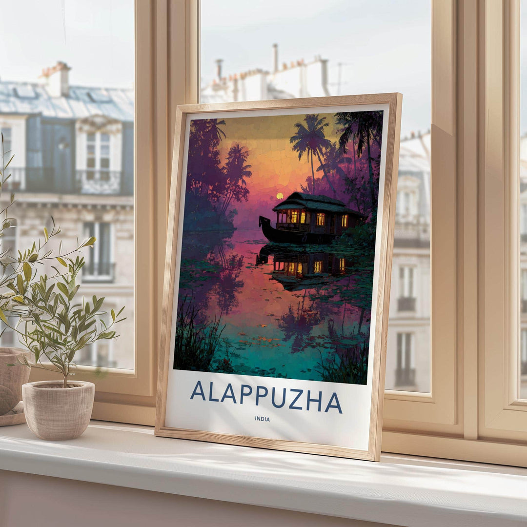Alappuzha Poster - India Travel Art - Kerala Houseboat Twilight Glow Home Decor
