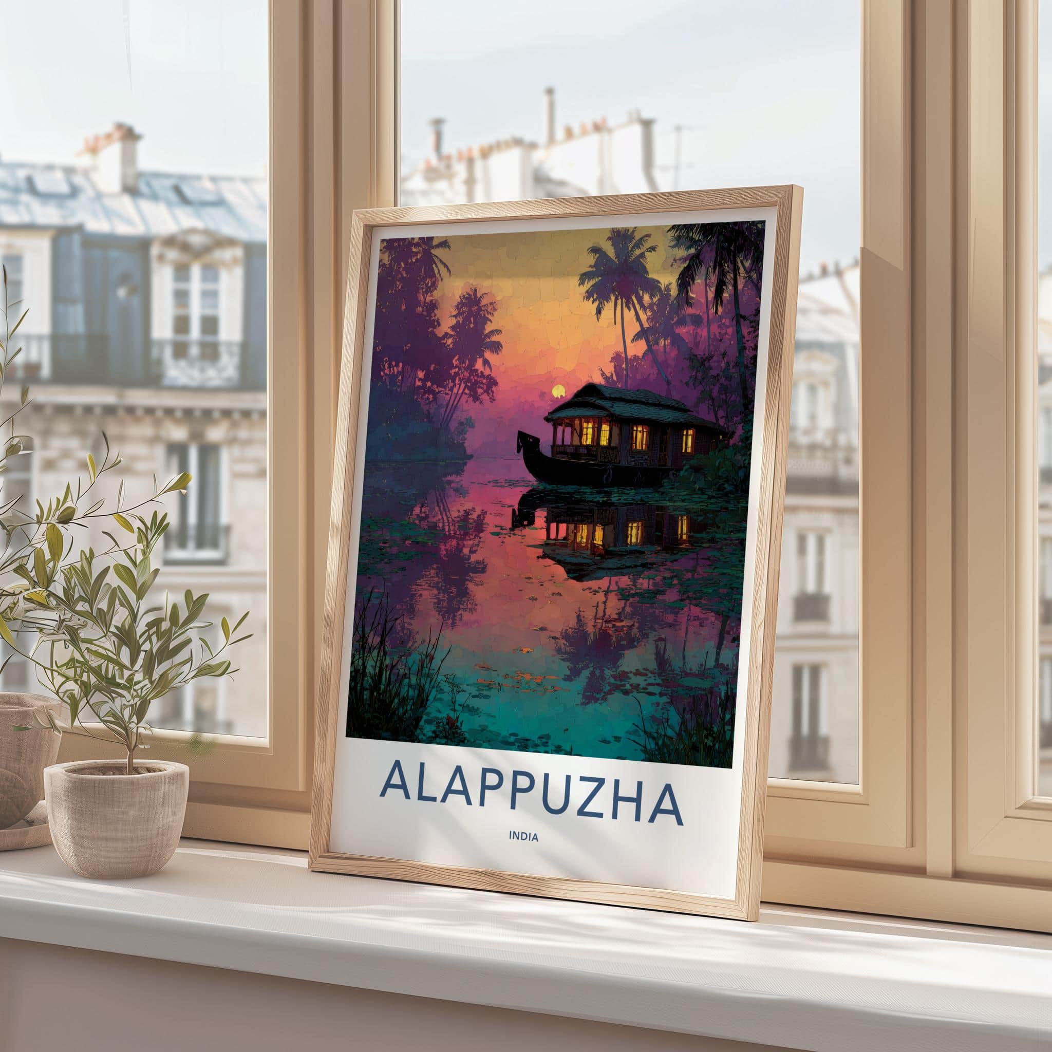 Alappuzha Poster - India Travel Art - Kerala Houseboat Twilight Glow Home Decor