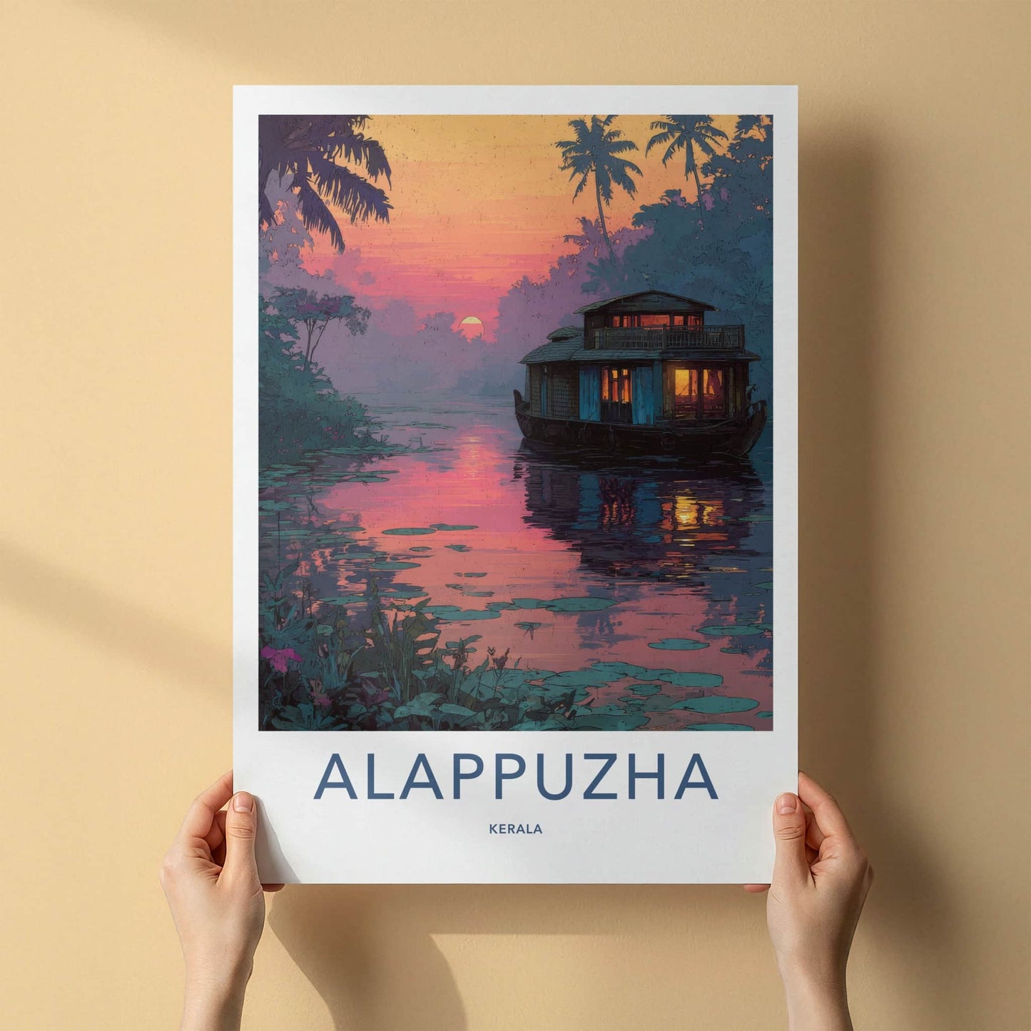 Alappuzha Poster - India Travel Art - Sunset Houseboat Kerala Home Decor