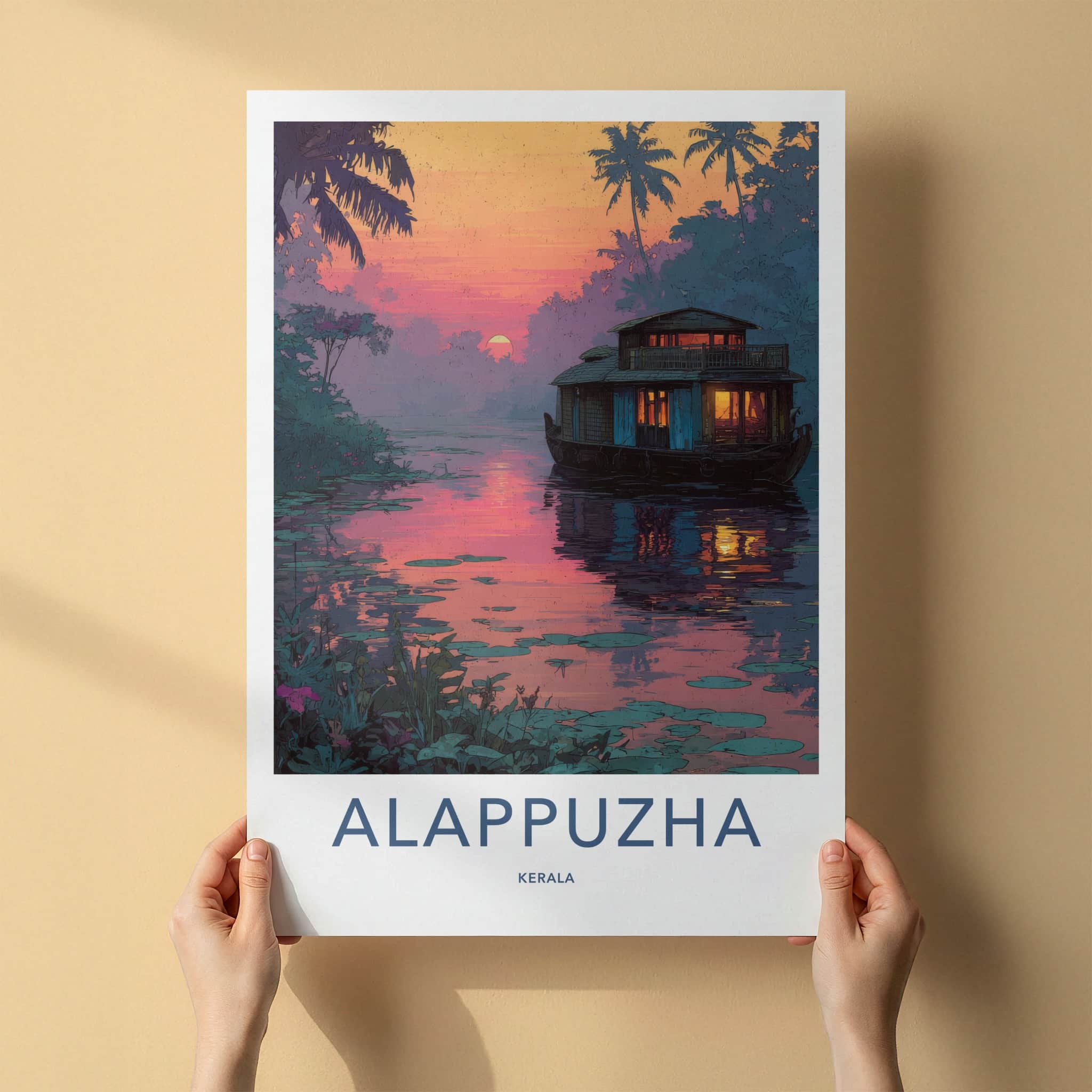 Alappuzha Poster - India Travel Art - Sunset Houseboat Kerala Home Decor