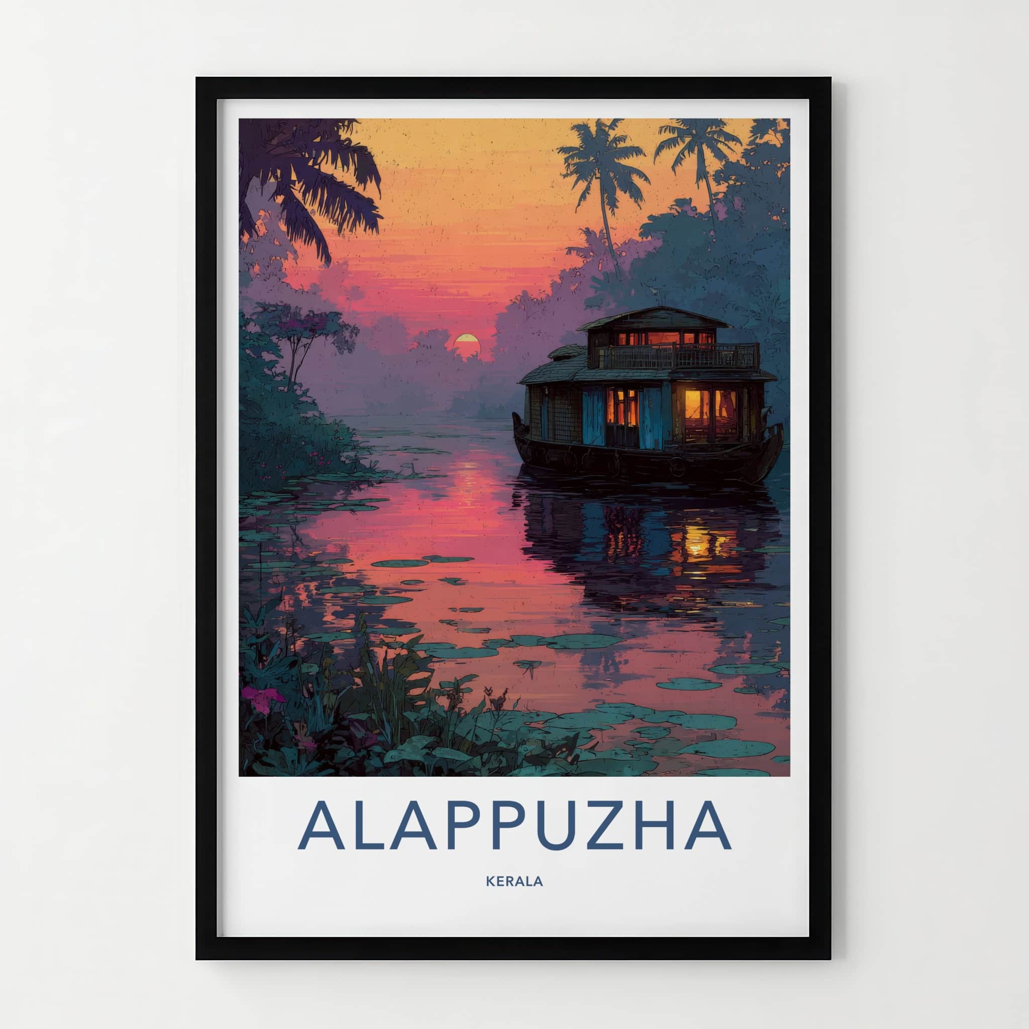Alappuzha Poster - India Travel Art - Sunset Houseboat Kerala Home Decor