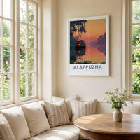 Alappuzha Poster - India Travel Illustration - Backwater Sunset Houseboat Home Decor