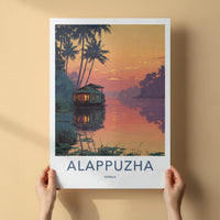 Alappuzha Poster - India Travel Illustration - Backwater Sunset Houseboat Home Decor
