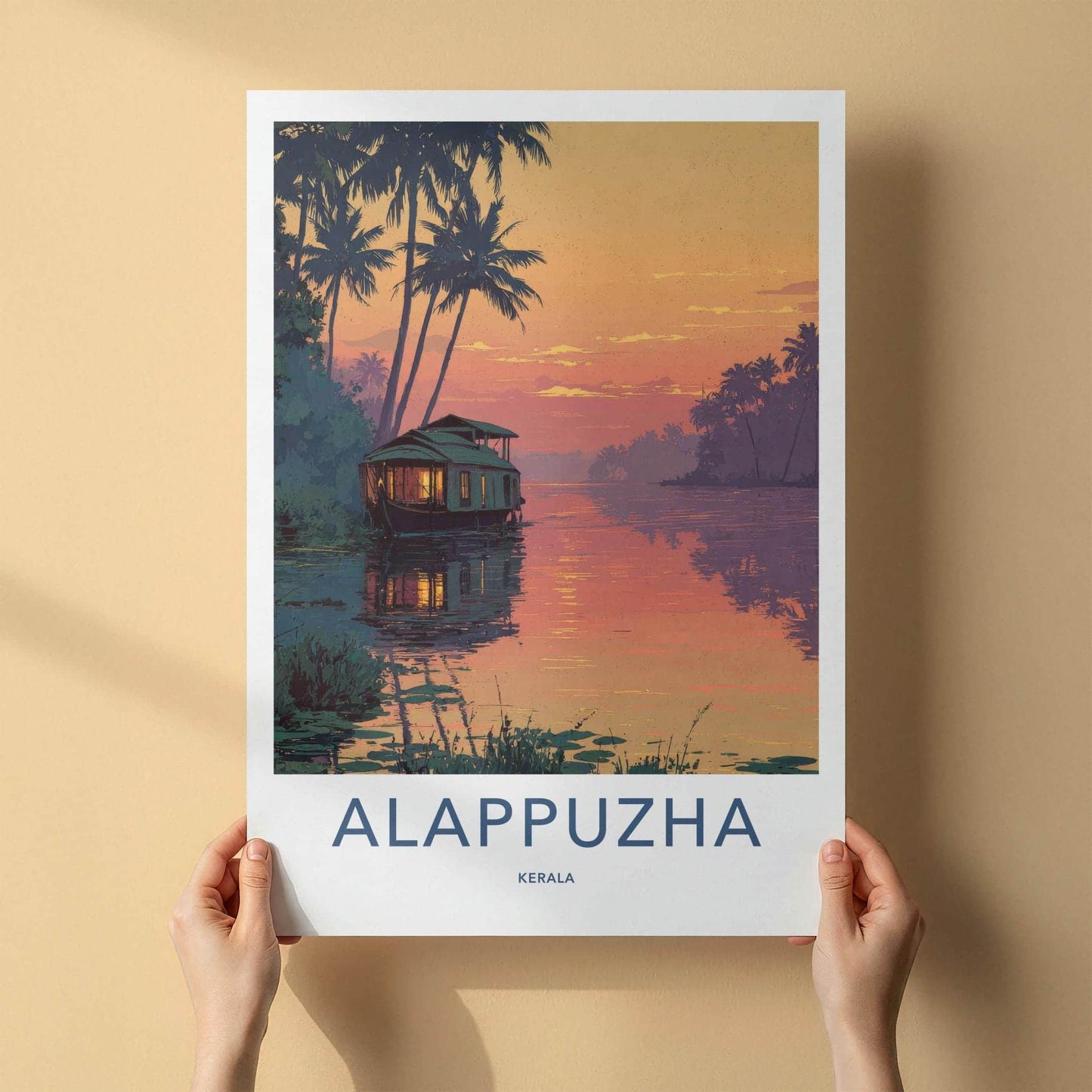 Alappuzha Poster - India Travel Illustration - Backwater Sunset Houseboat Home Decor