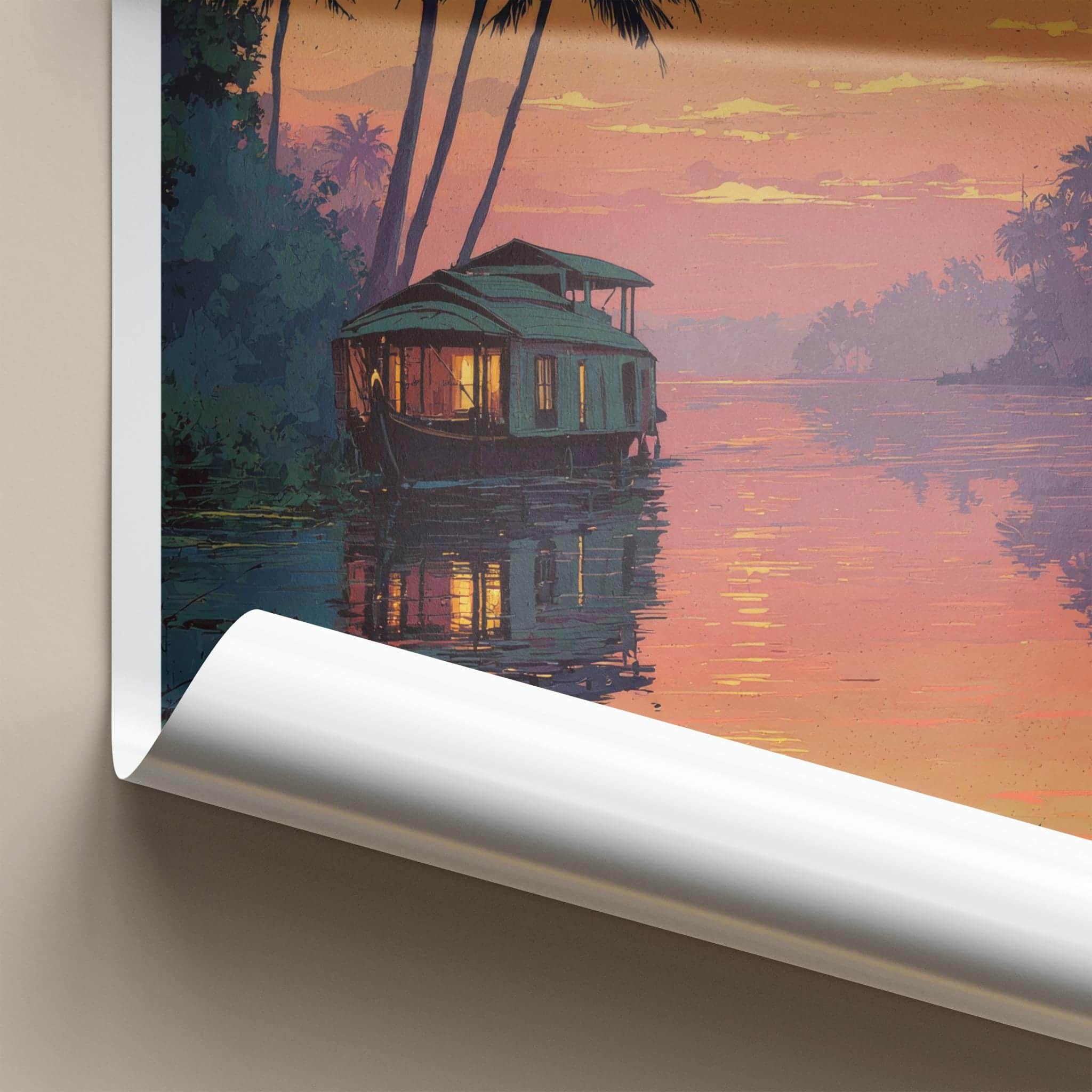 Alappuzha Poster - India Travel Illustration - Backwater Sunset Houseboat Home Decor