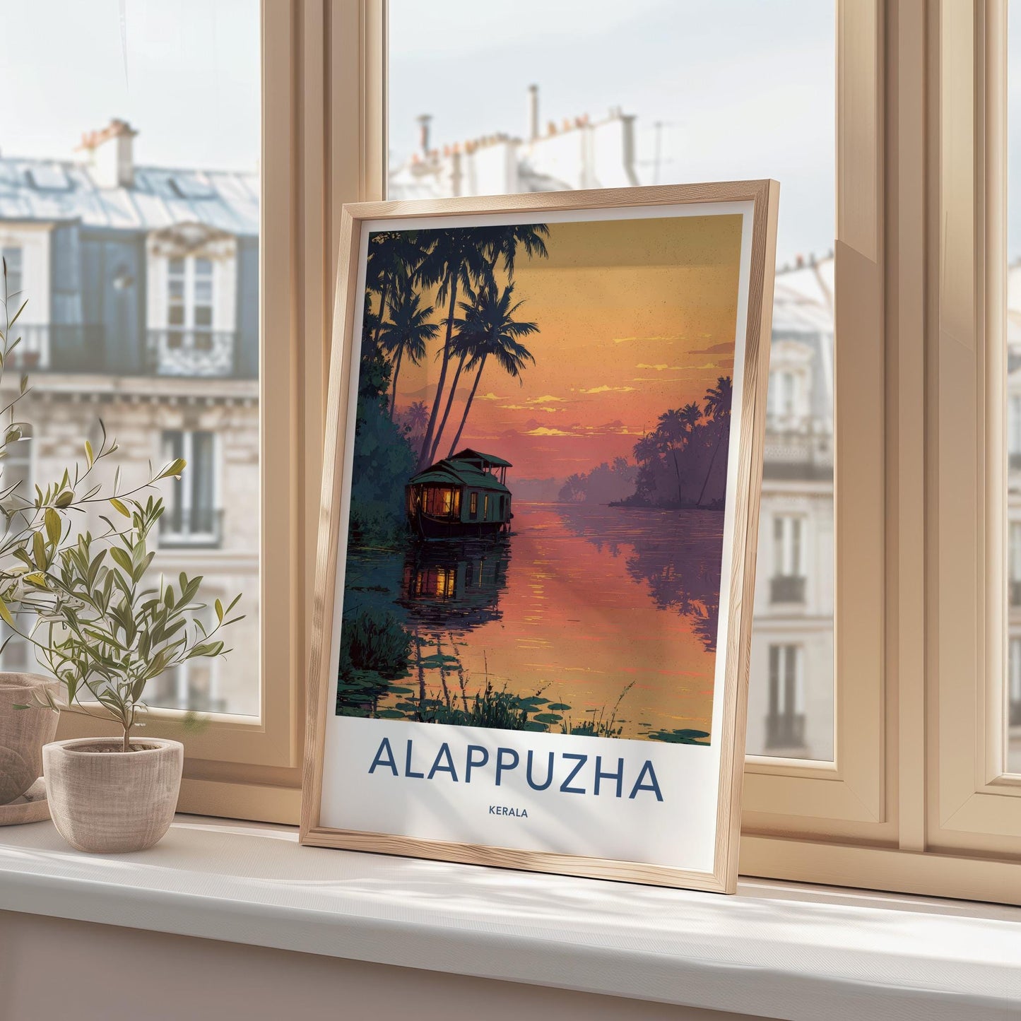 Alappuzha Poster - India Travel Illustration - Backwater Sunset Houseboat Home Decor
