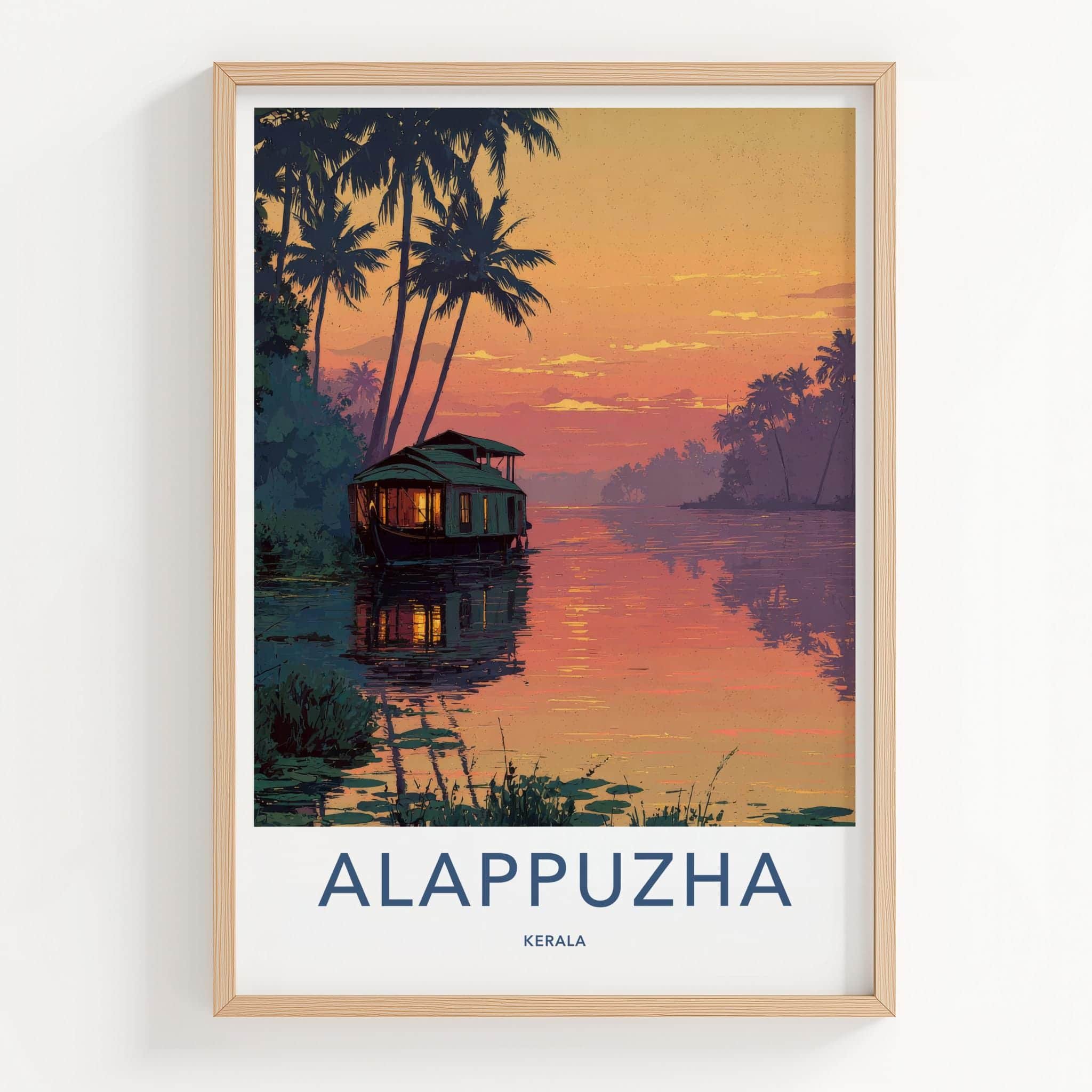 Alappuzha Poster - India Travel Illustration - Backwater Sunset Houseboat Home Decor