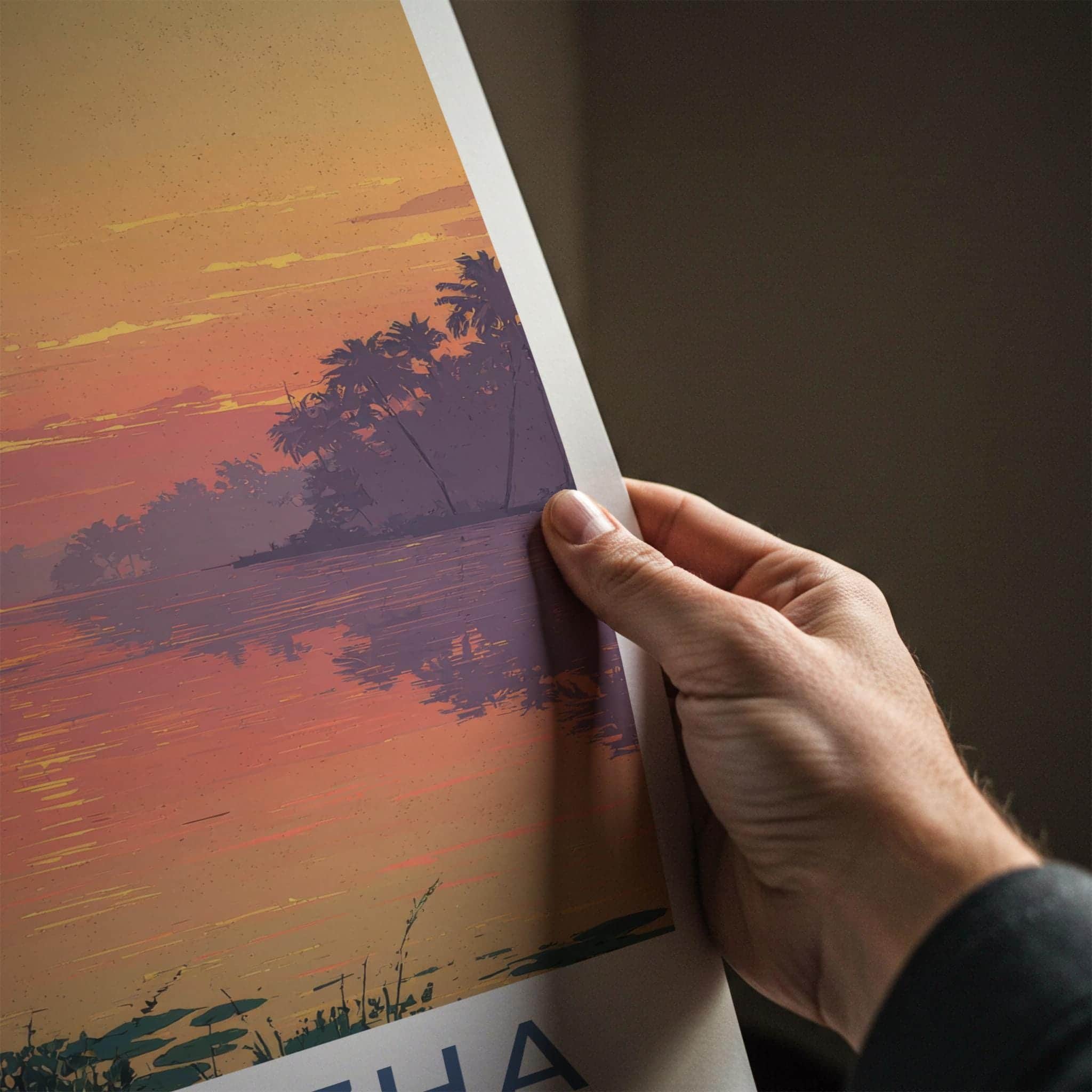 Alappuzha Poster - India Travel Illustration - Backwater Sunset Houseboat Home Decor