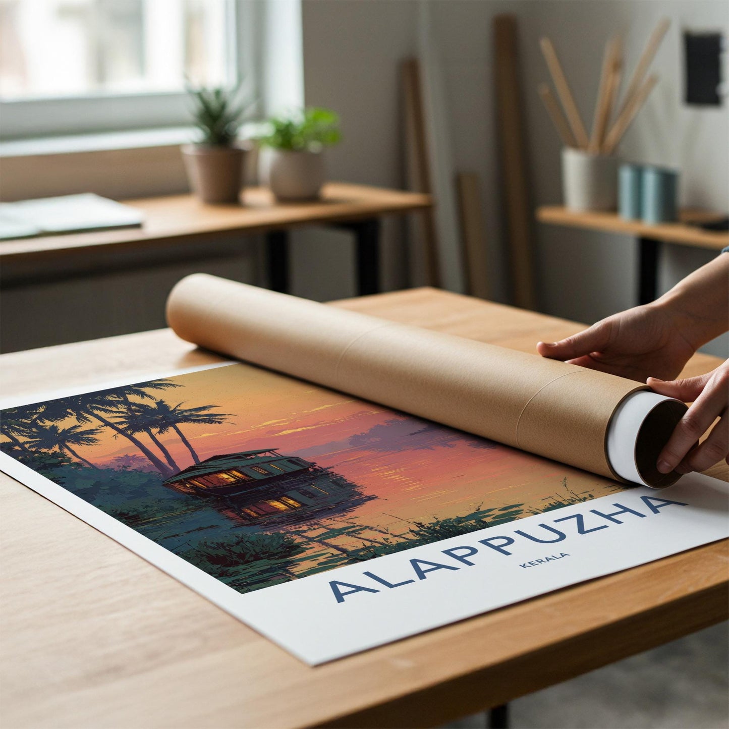 Alappuzha Poster - India Travel Illustration - Backwater Sunset Houseboat Home Decor