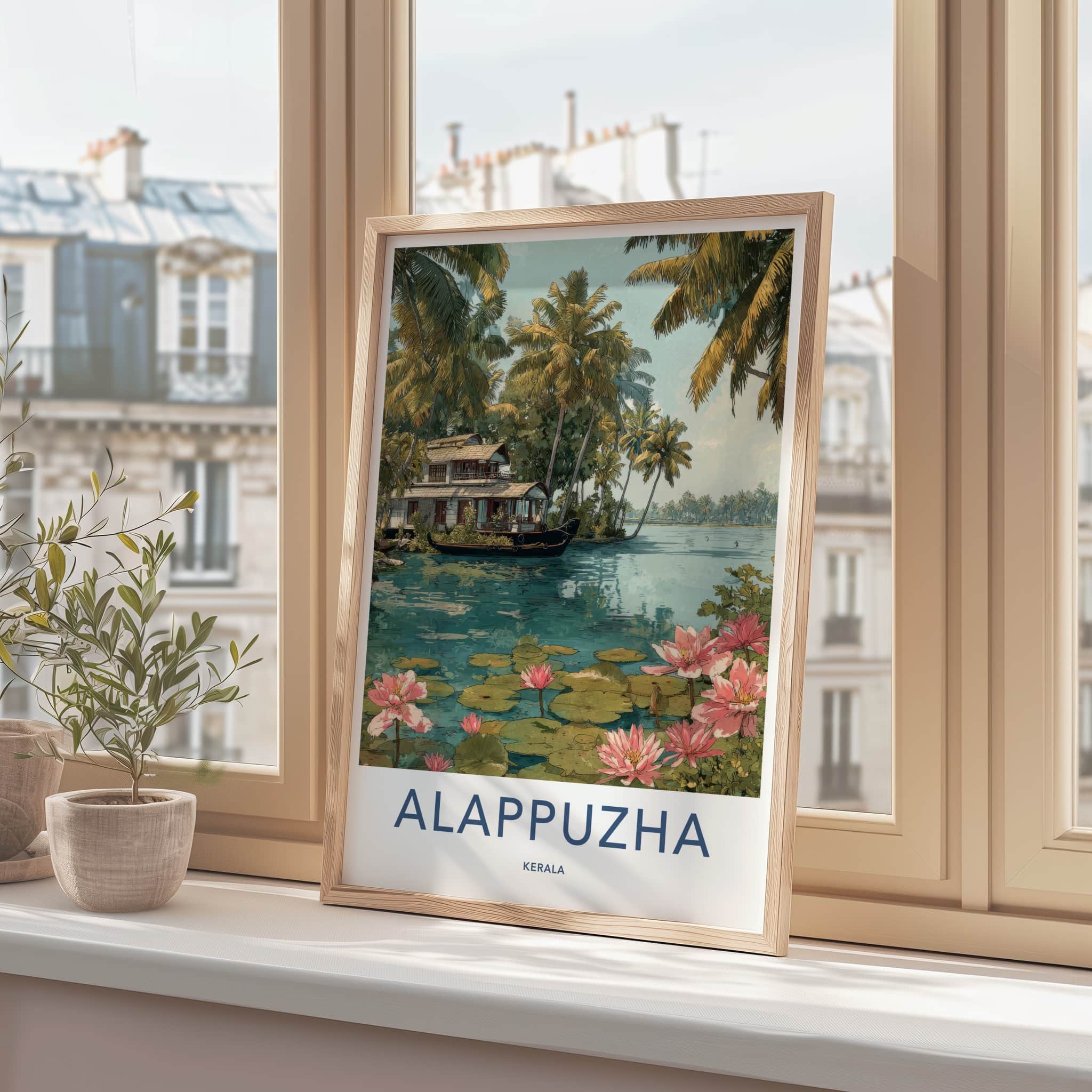 Alappuzha Poster - India Travel Print - Houseboat Pink Lilies Home Decor
