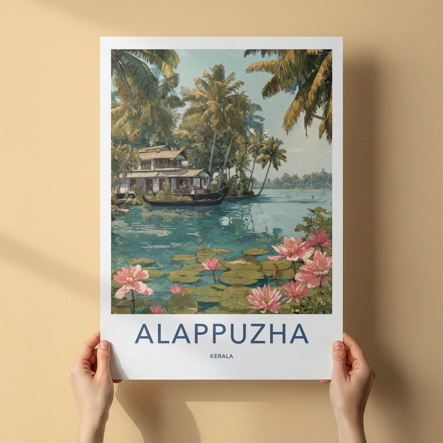 Alappuzha Poster - India Travel Print - Houseboat Pink Lilies Home Decor