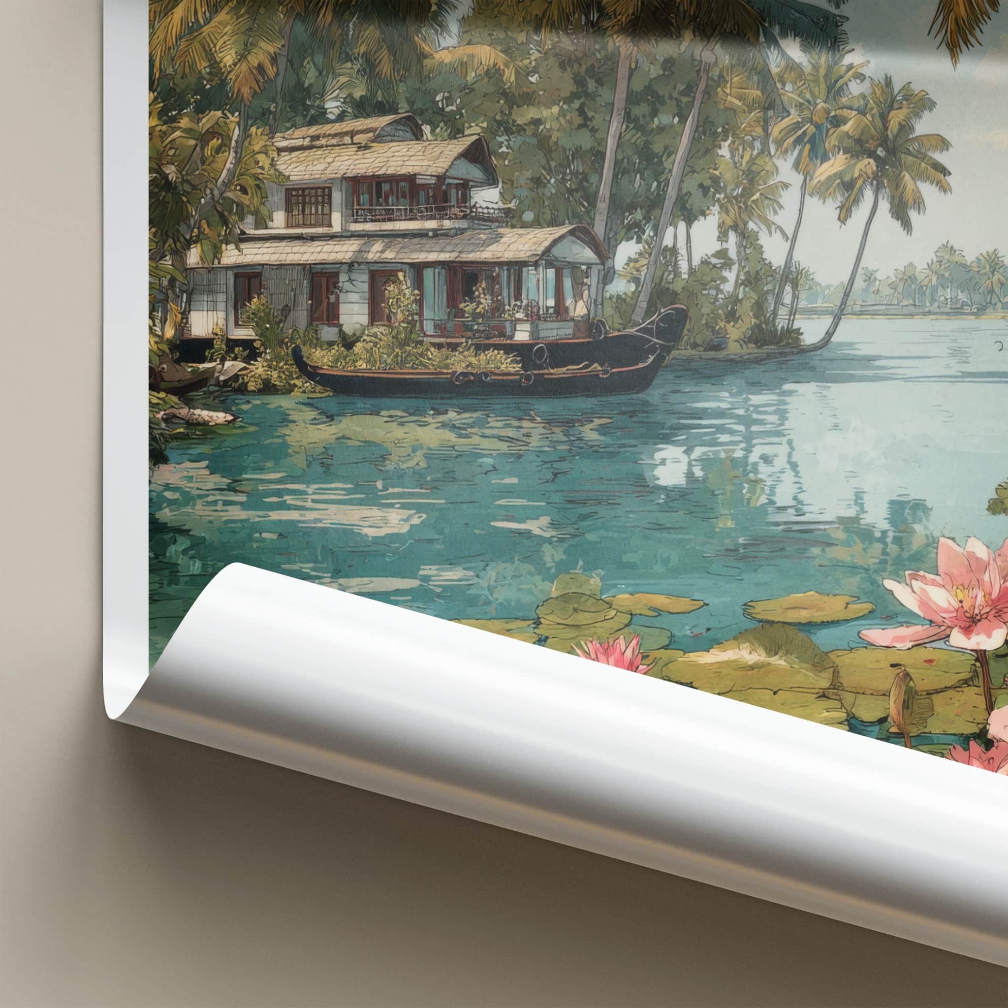Alappuzha Poster - India Travel Print - Houseboat Pink Lilies Home Decor