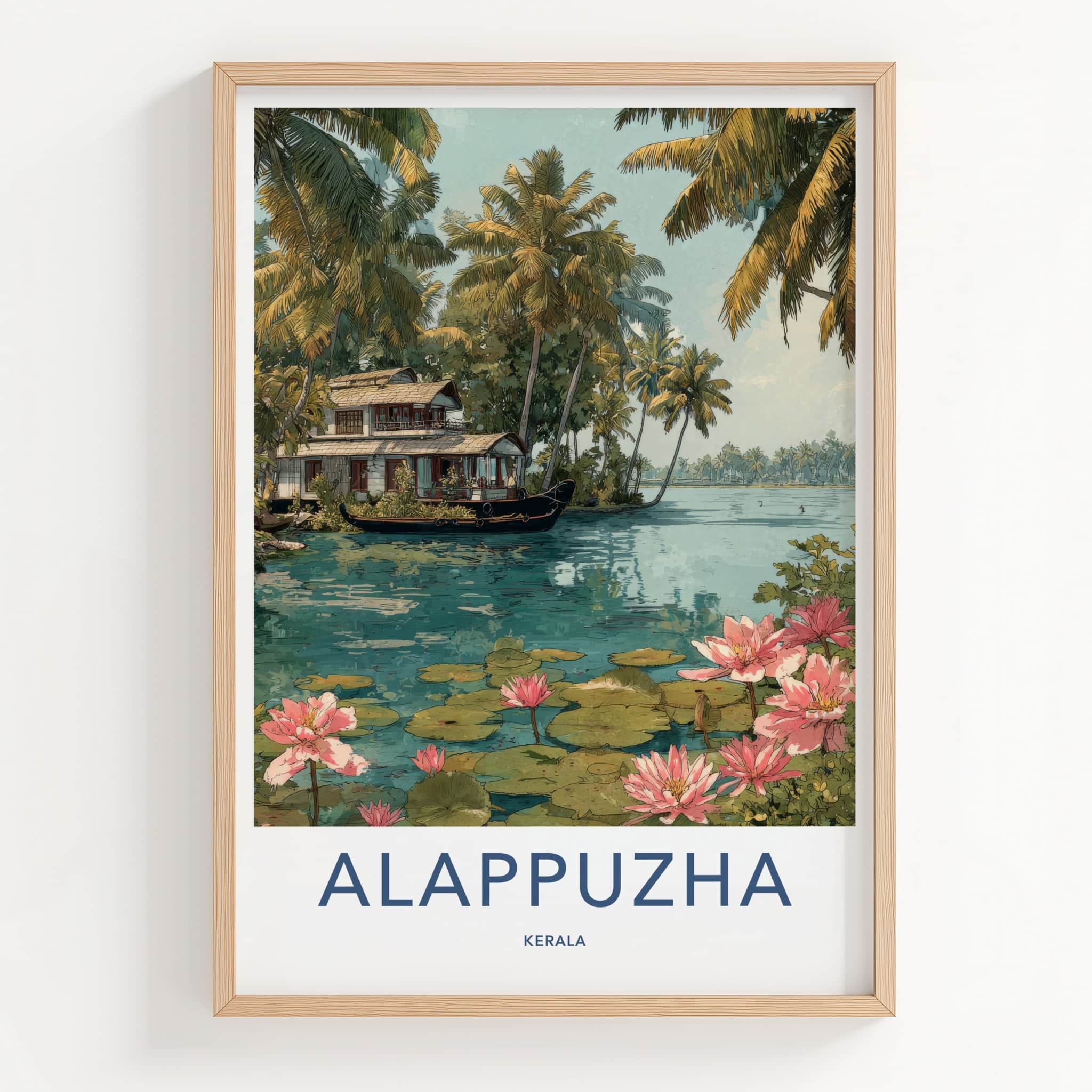 Alappuzha Poster - India Travel Print - Houseboat Pink Lilies Home Decor