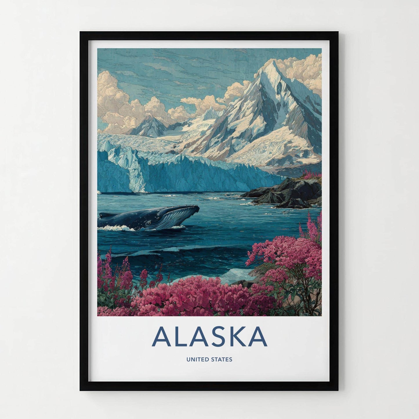 Alaska Poster - Alaska Travel Art - Glacier whale fireweed Wall Decor