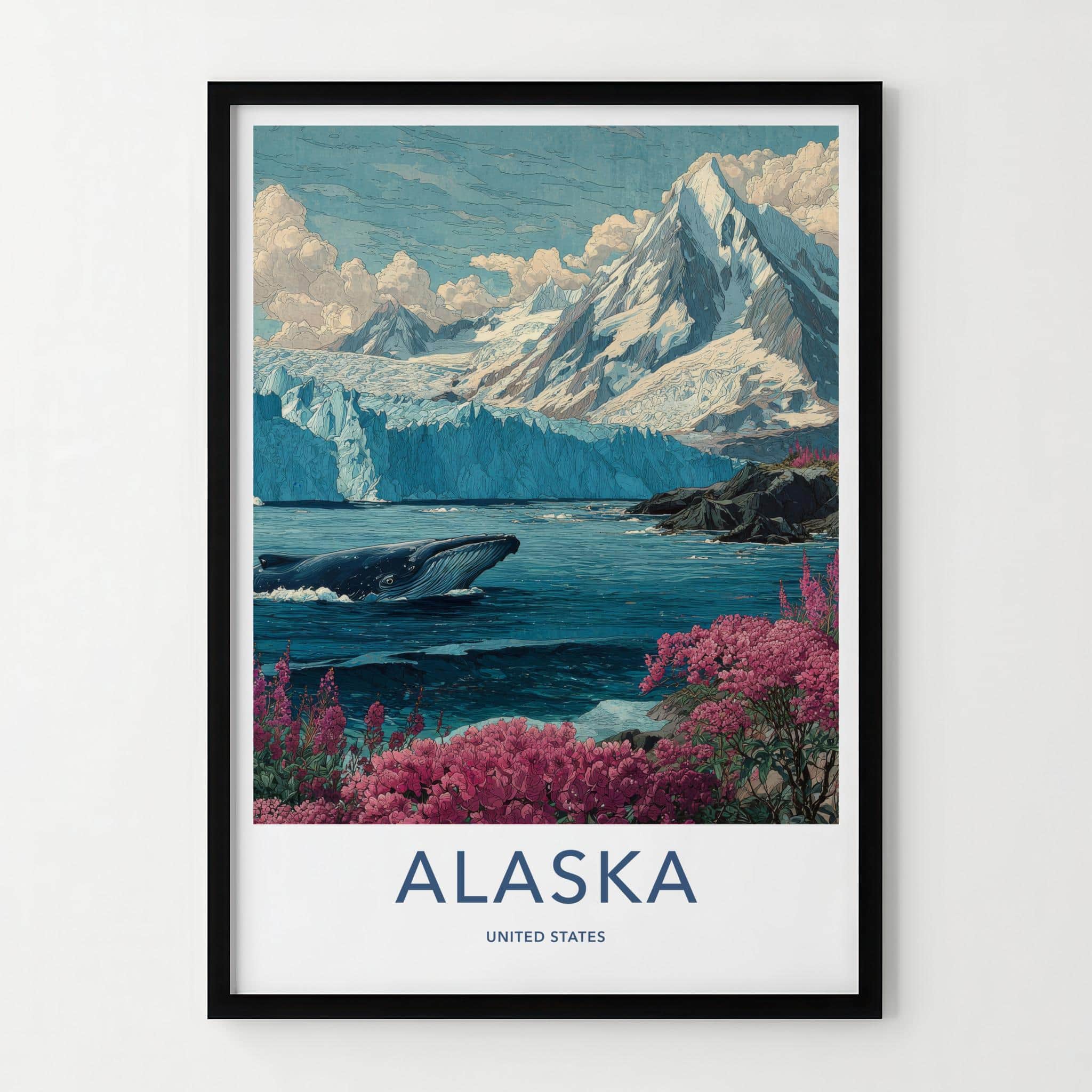 Alaska Poster - Alaska Travel Art - Glacier whale fireweed Wall Decor