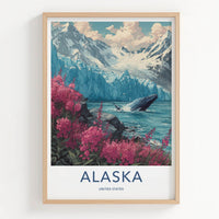Alaska Poster - Alaska Travel Art - Pink Fireweed Whale Wall Art