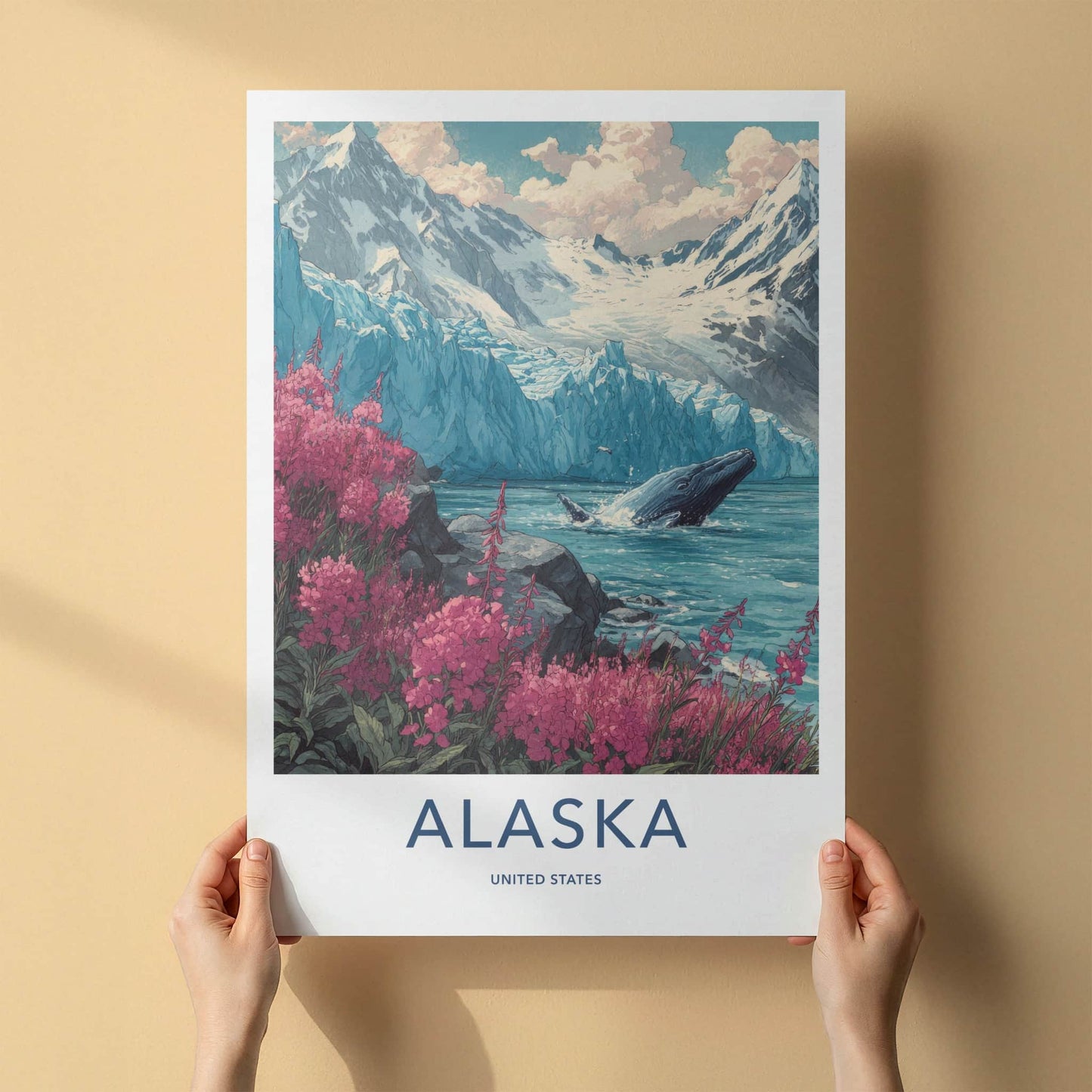 Alaska Poster - Alaska Travel Art - Pink Fireweed Whale Wall Art