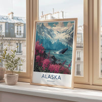 Alaska Poster - Alaska Travel Art - Pink Fireweed Whale Wall Art