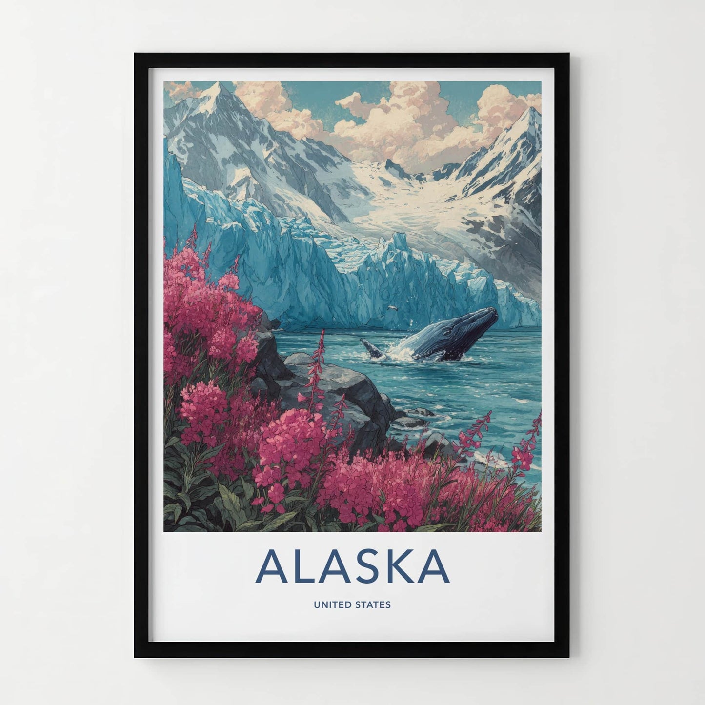 Alaska Poster - Alaska Travel Art - Pink Fireweed Whale Wall Art