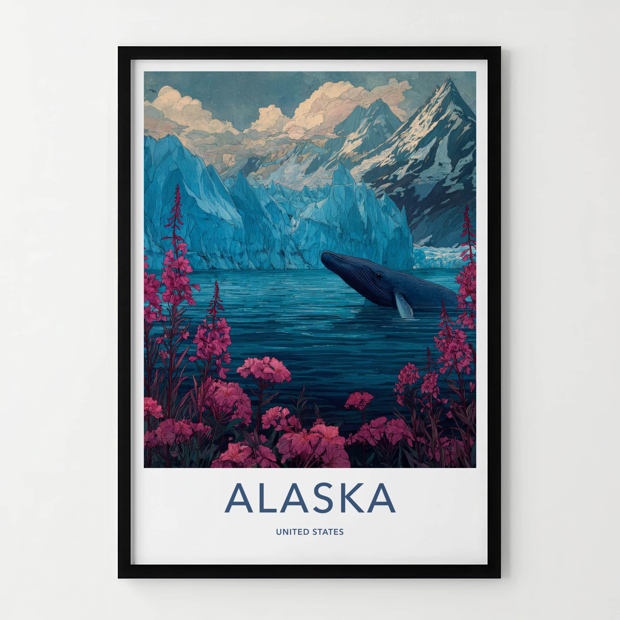 Alaska Poster - Alaska Wall Art - Pink Flowers Whale Home Decor