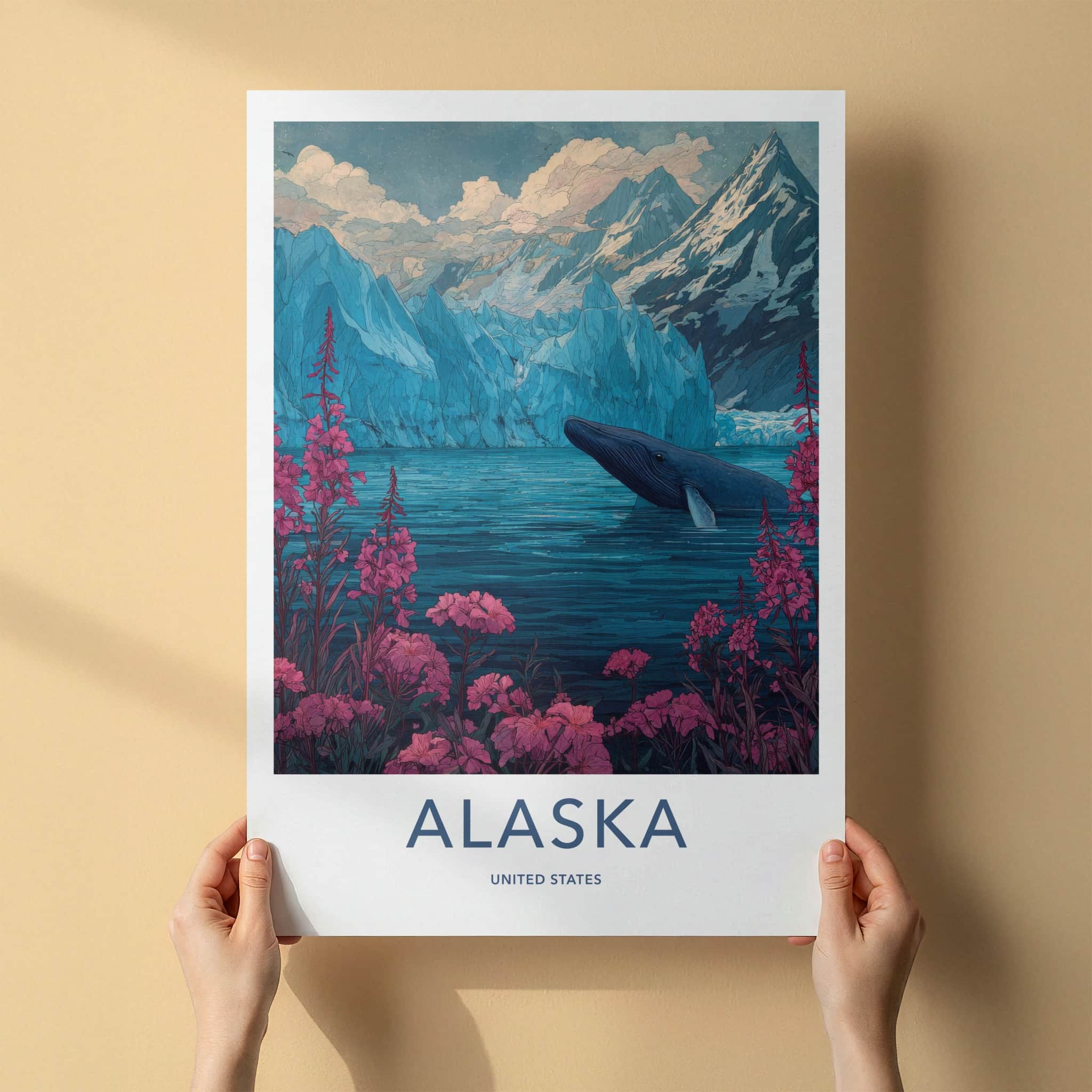Alaska Poster - Alaska Wall Art - Pink Flowers Whale Home Decor