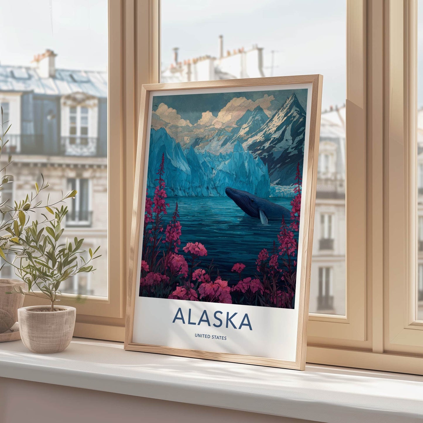Alaska Poster - Alaska Wall Art - Pink Flowers Whale Home Decor