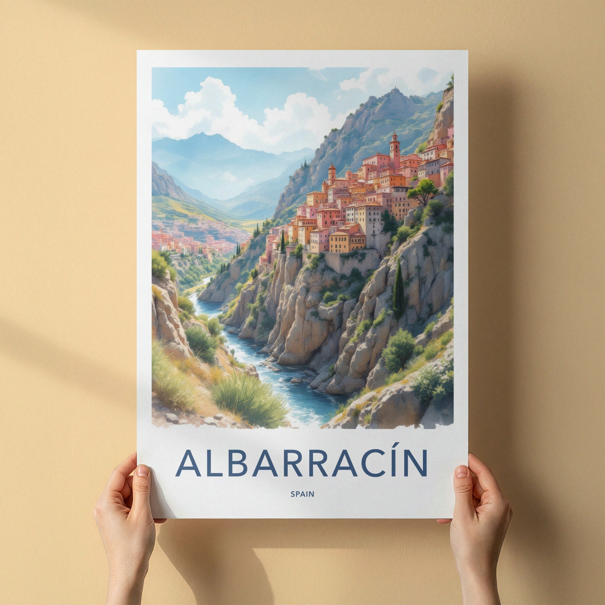 Albarracin Poster - Spain Travel Art - Cliffside River Town Home Decor