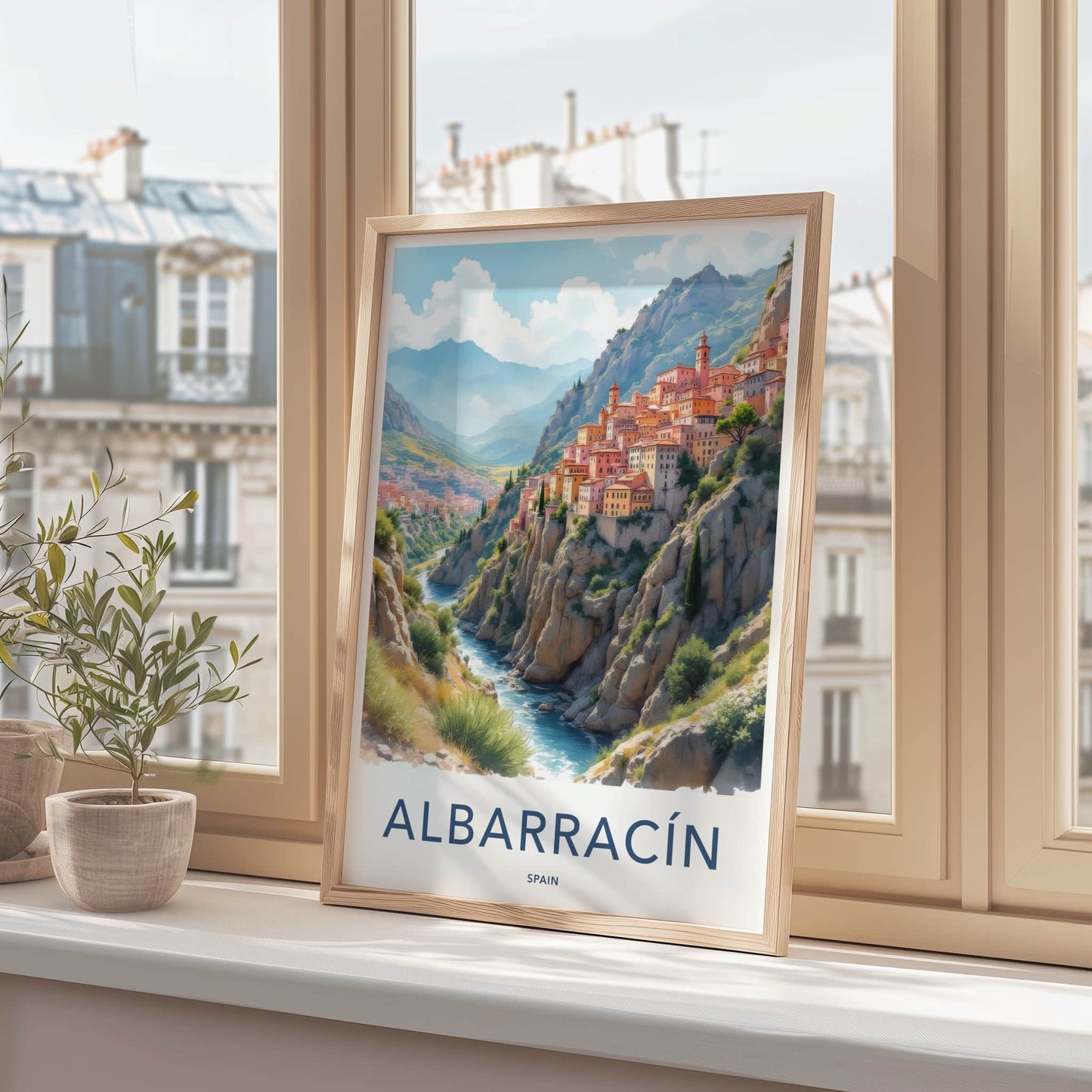 Albarracin Poster - Spain Travel Art - Cliffside River Town Home Decor