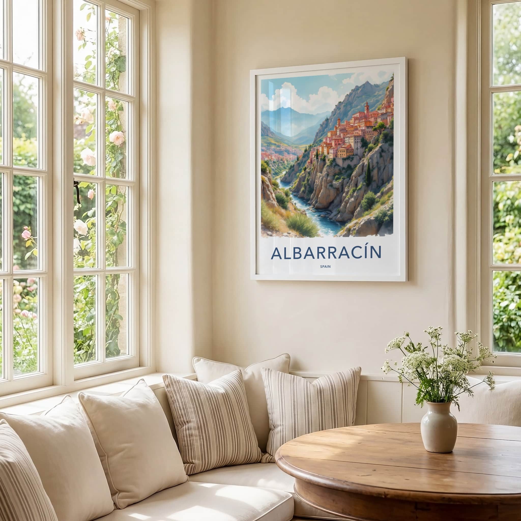 Albarracin Poster - Spain Travel Art - Cliffside River Town Home Decor