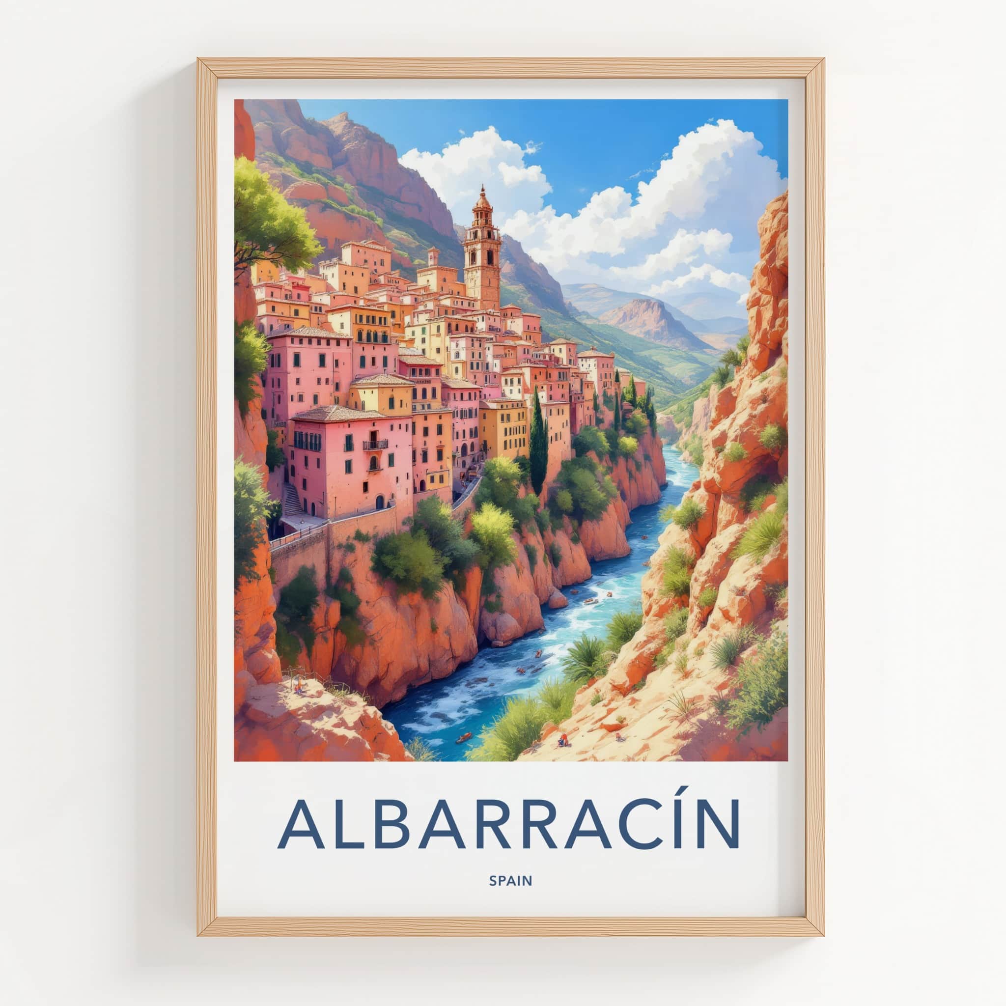 Albarracin Poster - Spain Travel Art - Cliffside Village River Home Decor
