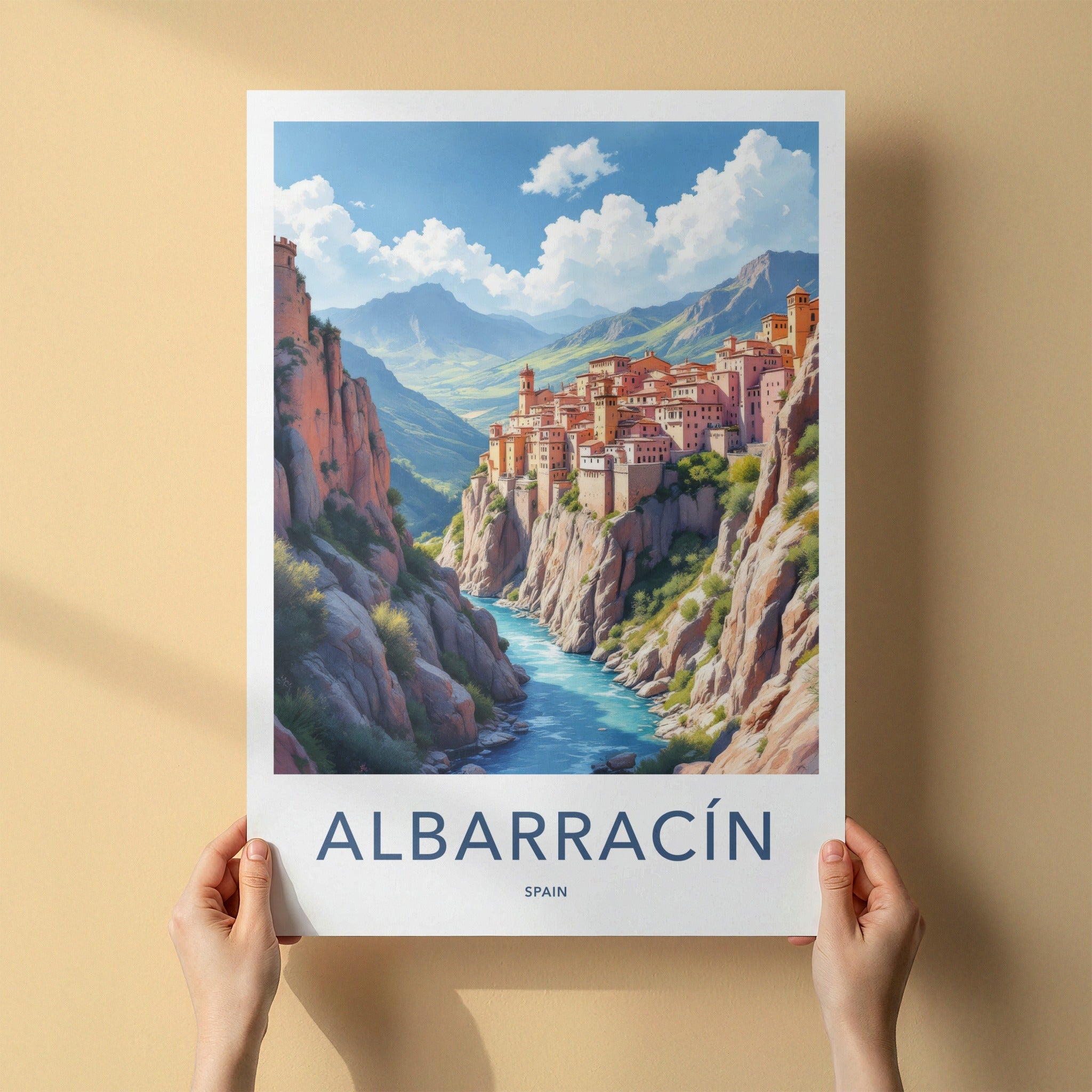 Albarracin Poster - Spain Wall Art - Cliffside Town River Home Decor