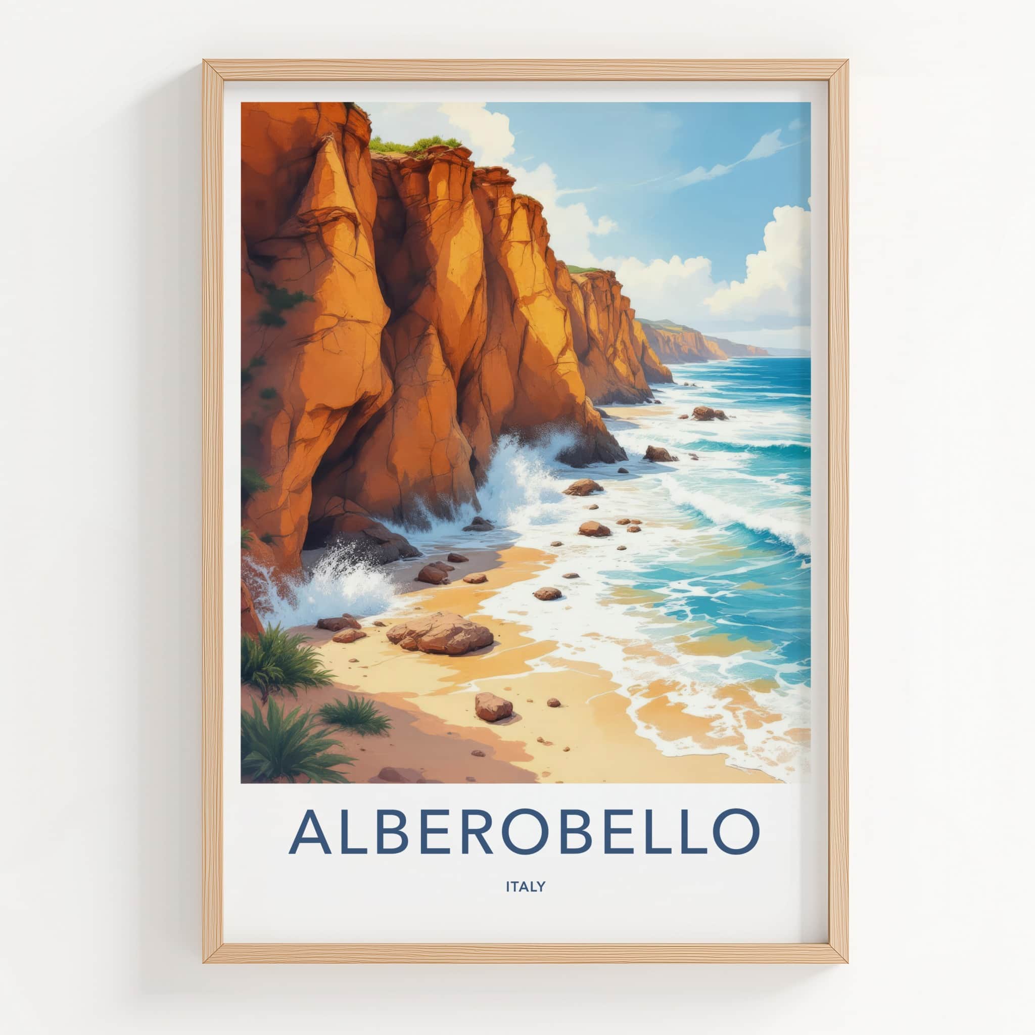 Alberobello Poster - Italy Travel Art - Ocean Waves Cliffs Wall Decor