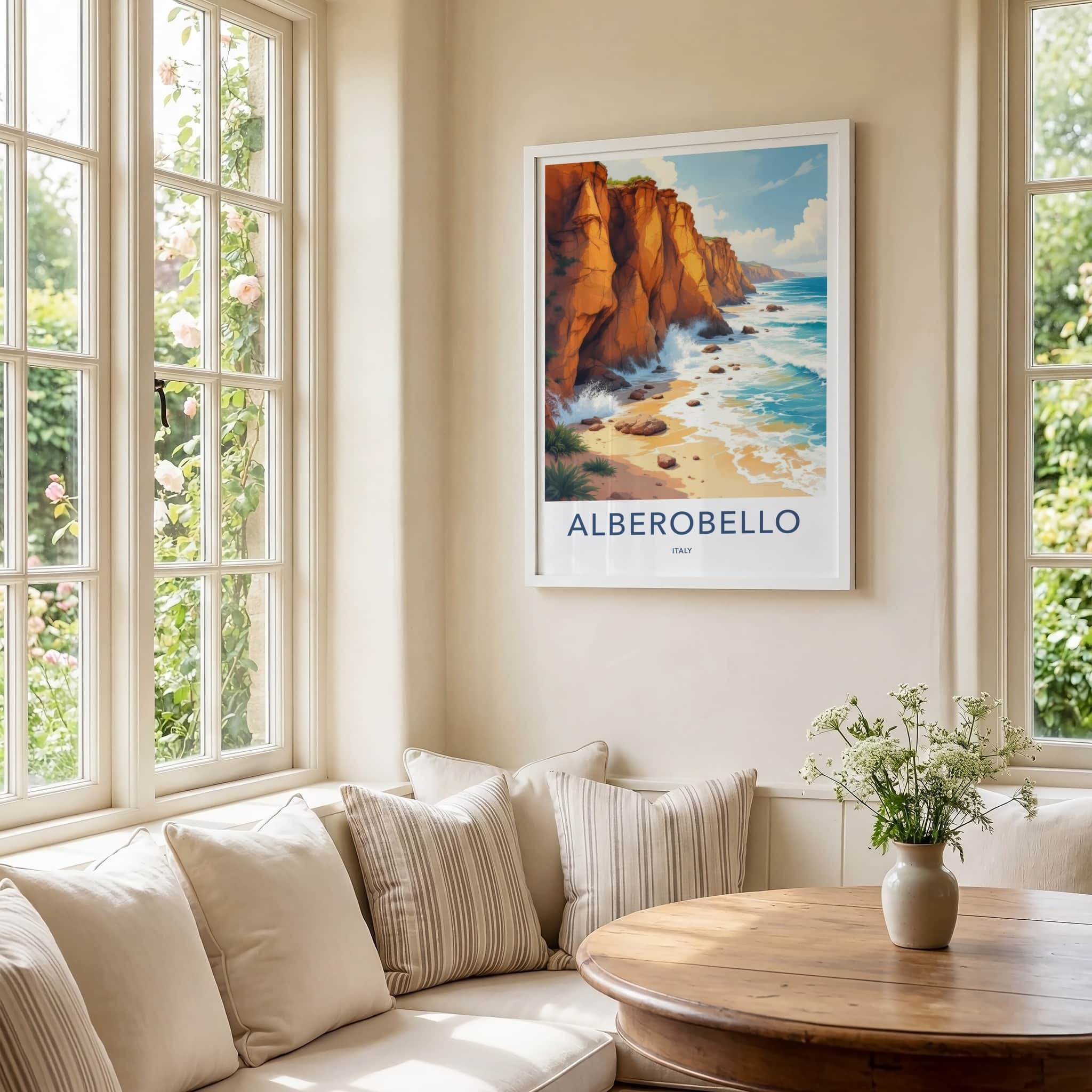 Alberobello Poster - Italy Travel Art - Ocean Waves Cliffs Wall Decor