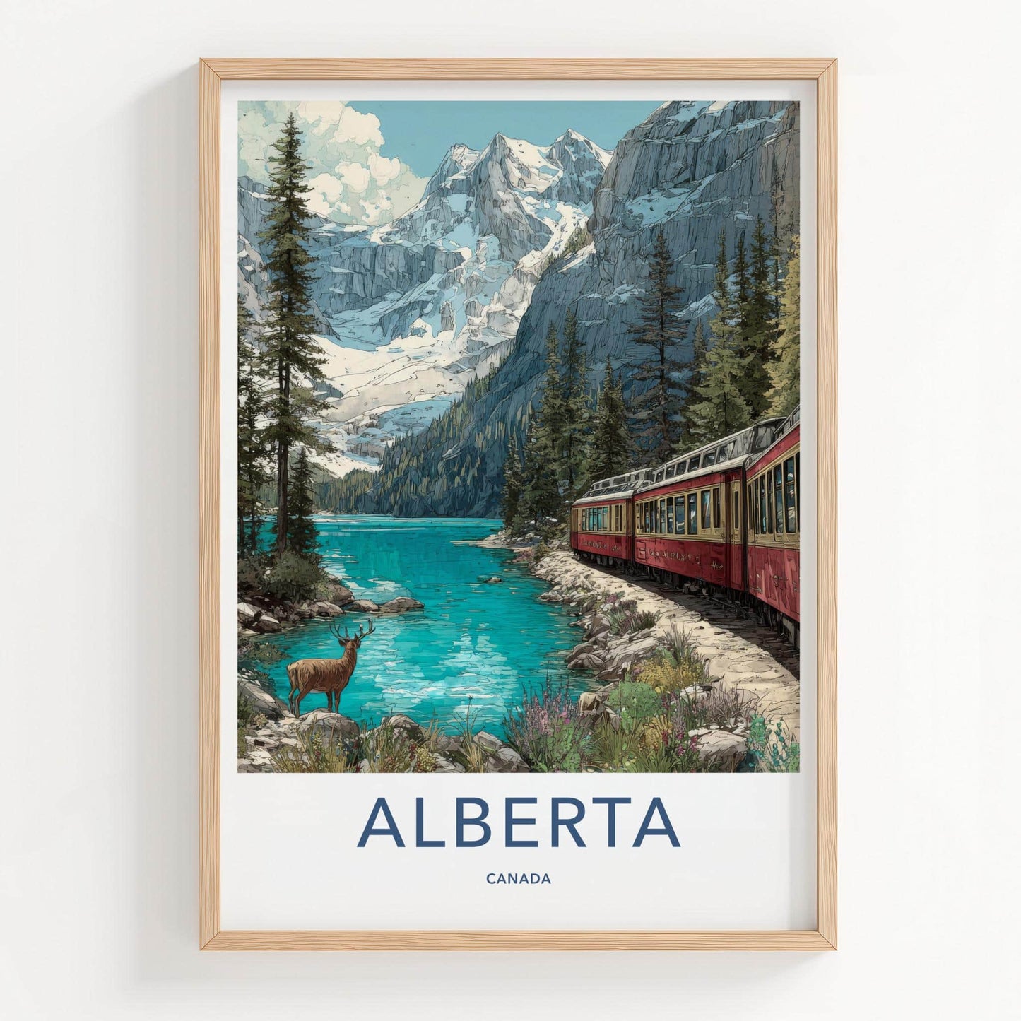 Alberta Poster - Canada Scenic Art - Mountain Lake Train Wall Decor