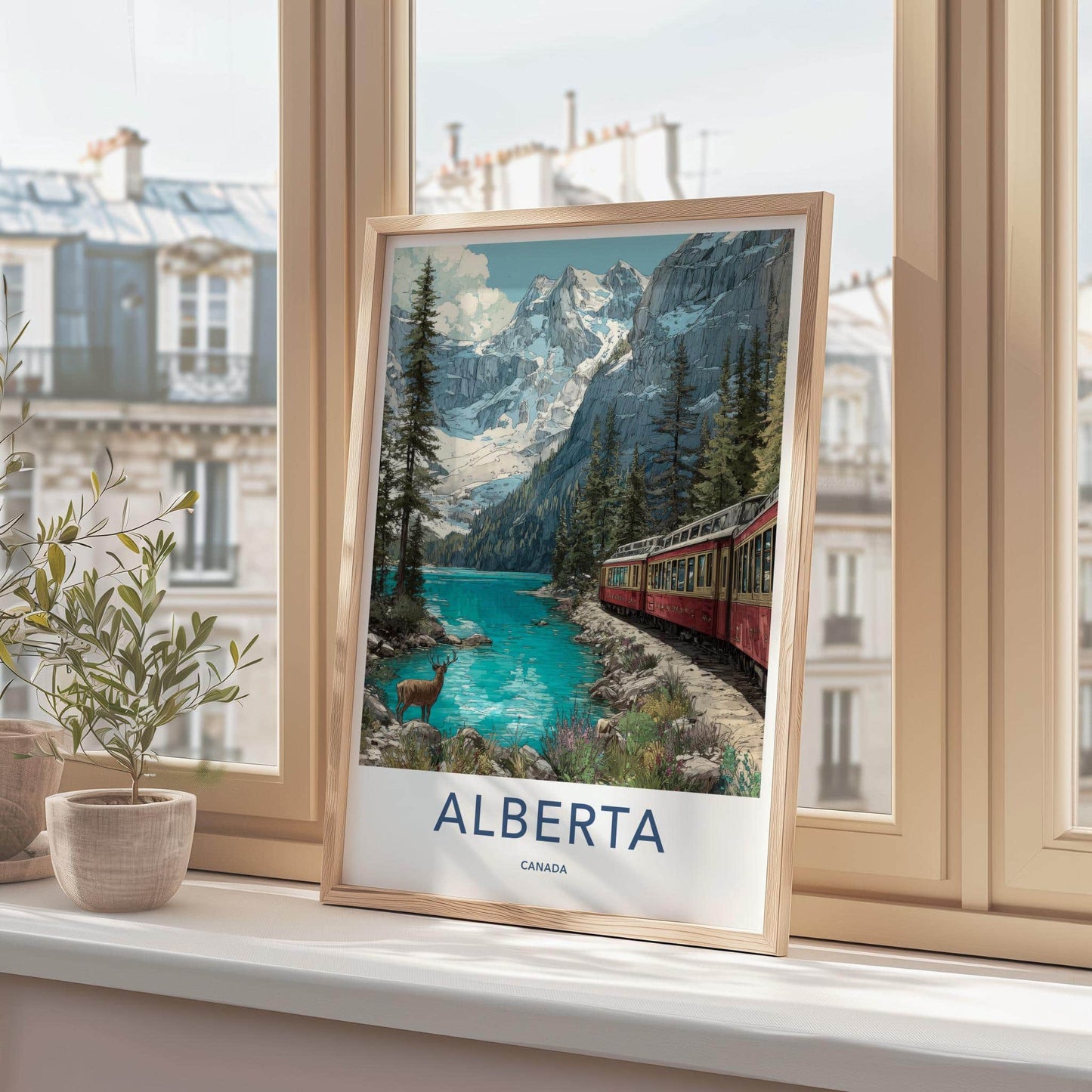 Alberta Poster - Canada Scenic Art - Mountain Lake Train Wall Decor