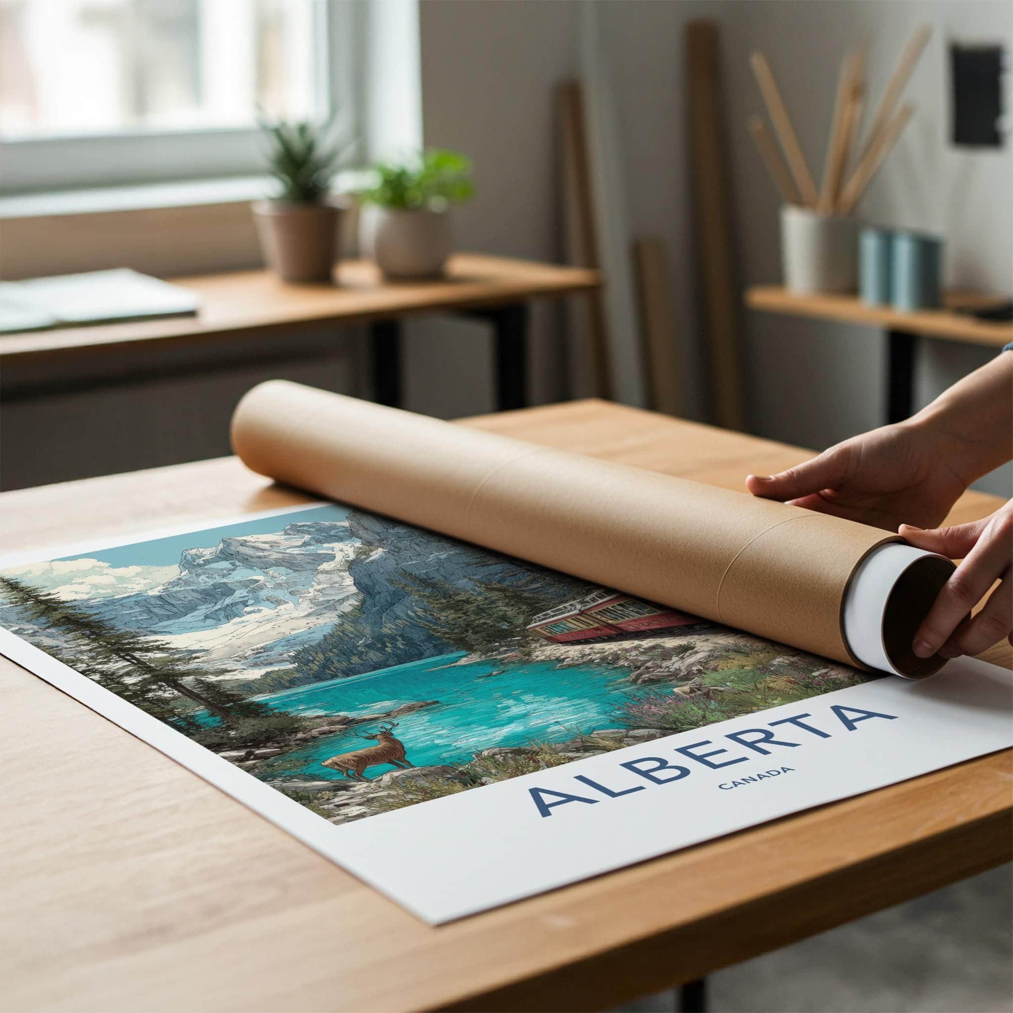 Alberta Poster - Canada Scenic Art - Mountain Lake Train Wall Decor