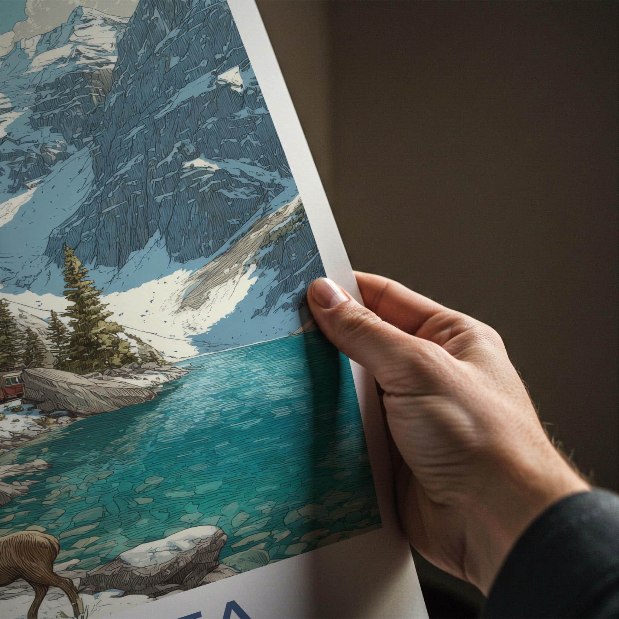 Alberta Poster - Canada Travel Illustration - Mountain Lake Train Home Decor