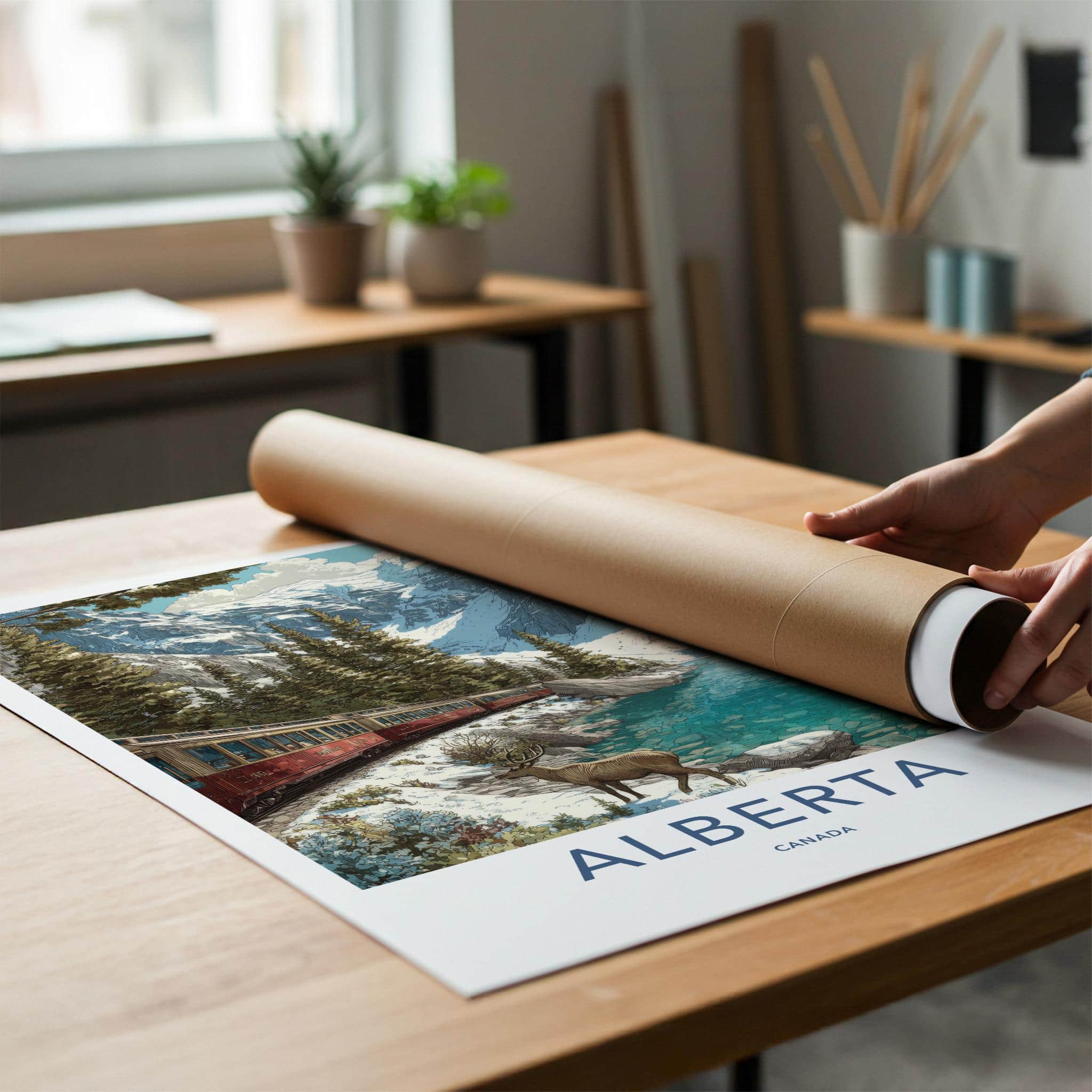 Alberta Poster - Canada Travel Illustration - Mountain Lake Train Home Decor