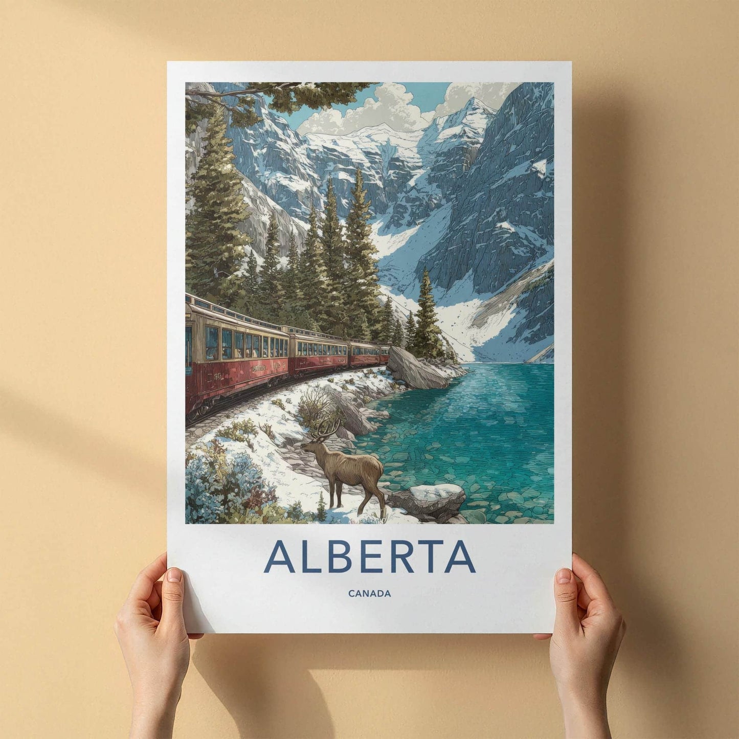 Alberta Poster - Canada Travel Illustration - Mountain Lake Train Home Decor