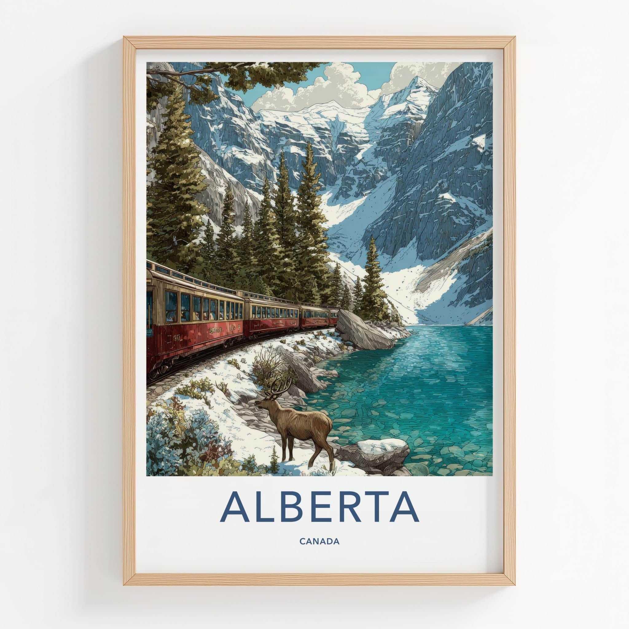 Alberta Poster - Canada Travel Illustration - Mountain Lake Train Home Decor