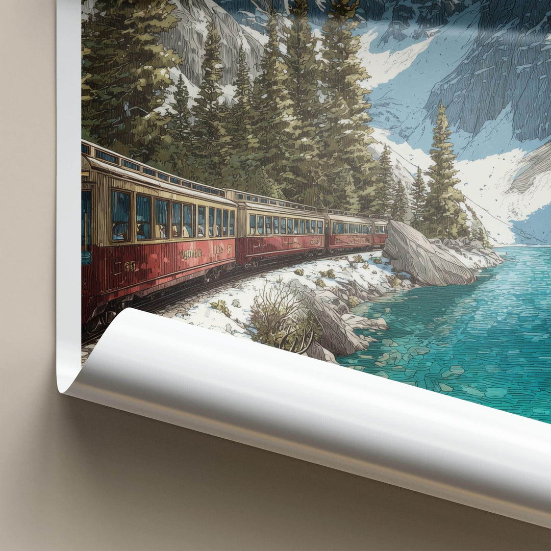 Alberta Poster - Canada Travel Illustration - Mountain Lake Train Home Decor