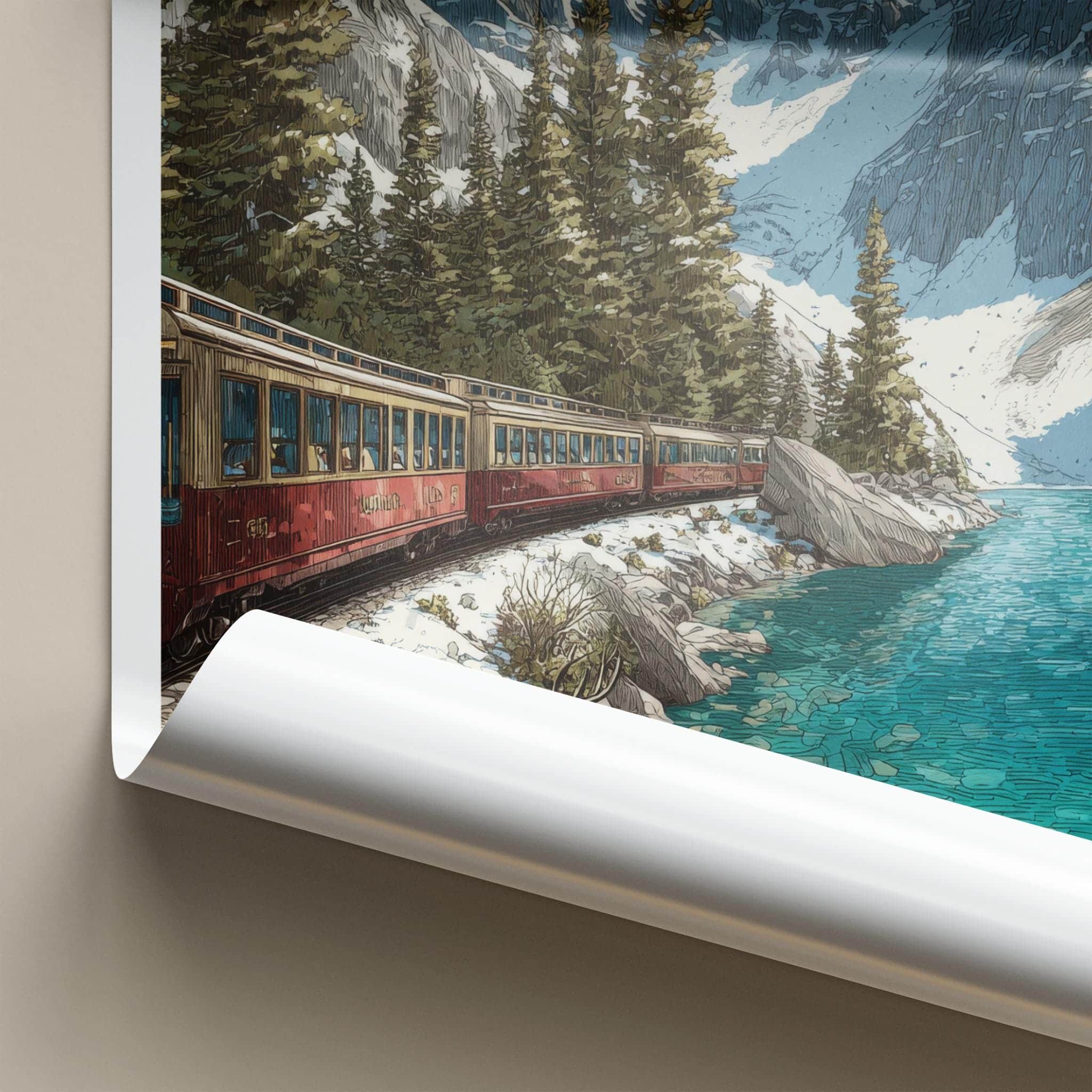 Alberta Poster - Canada Travel Illustration - Mountain Lake Train Home Decor