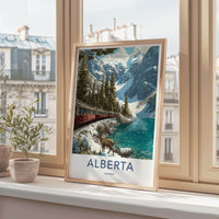 Alberta Poster - Canada Travel Illustration - Mountain Lake Train Home Decor